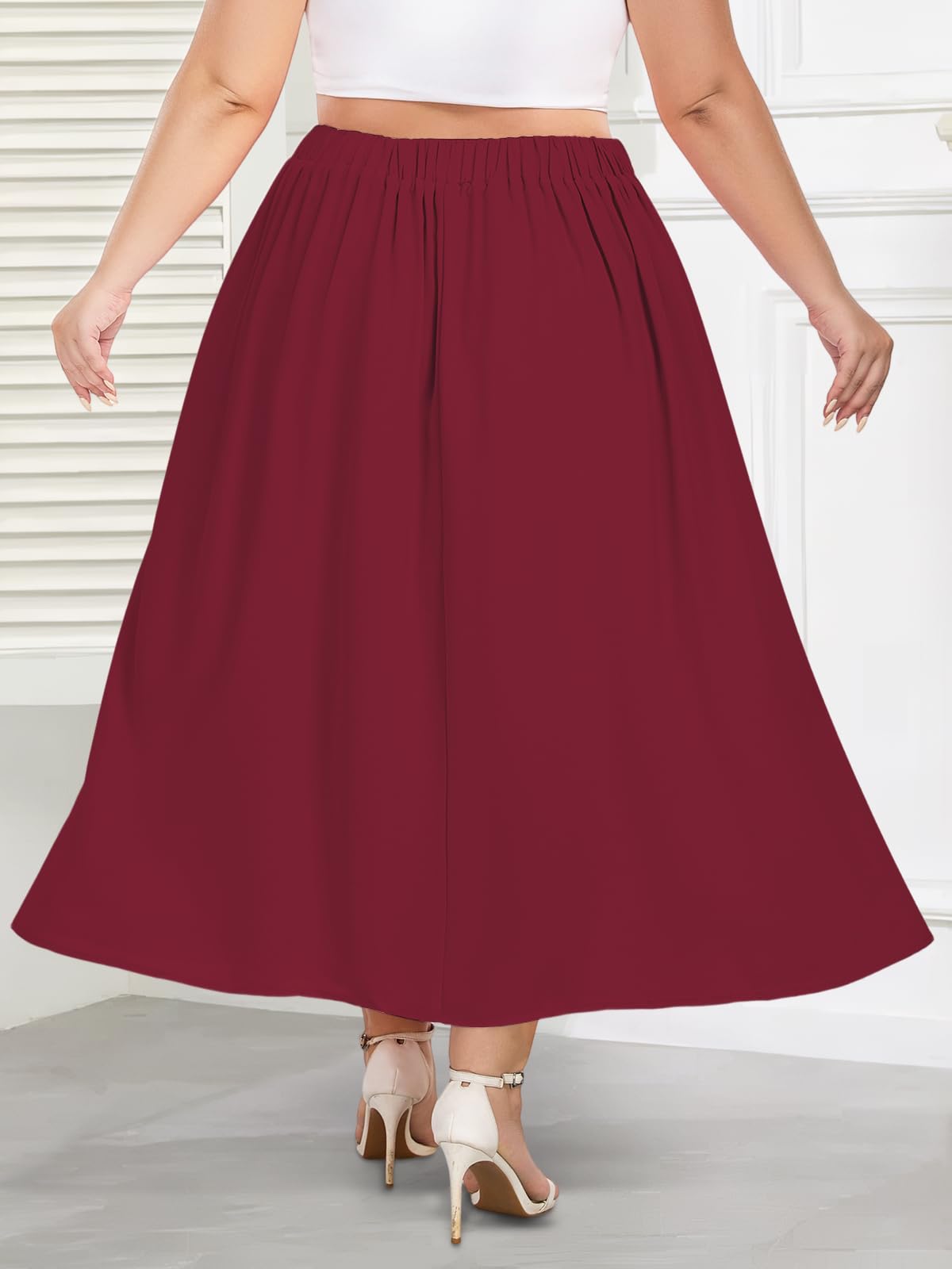 Plus Size Flowy Maxi Skirt Pleated A-Line - Wine Red | Moon Wood