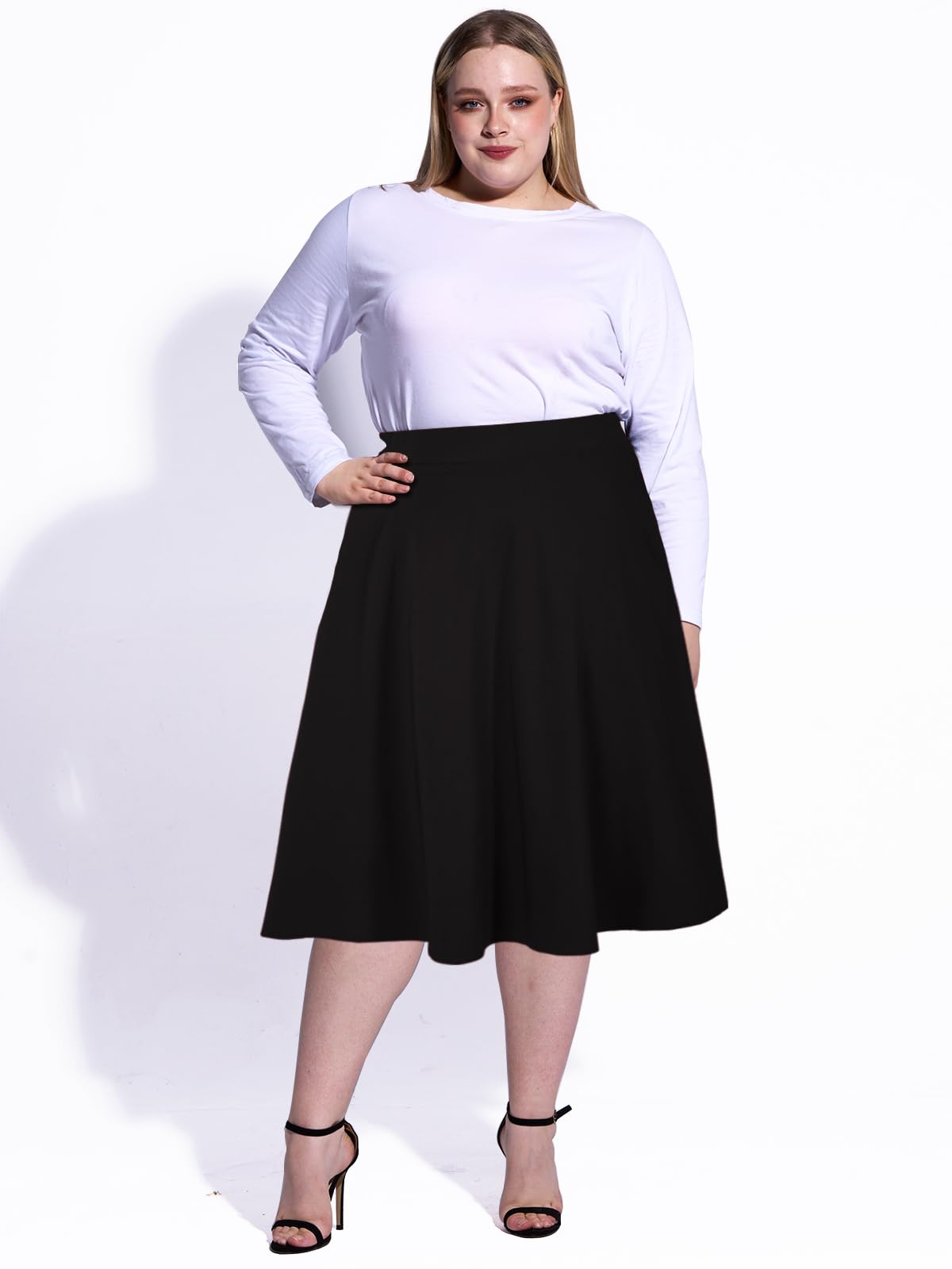 Plus Size High Waist A-Line Midi Skirt Black