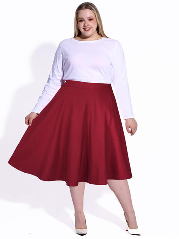 Plus Size High Waist A-Line Midi Skirt - Red