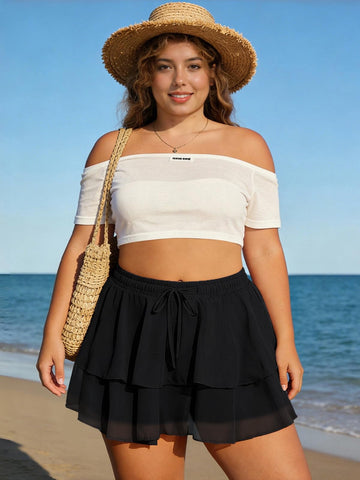 Plus Size High Waist Ruffle Mini Skirt - Black