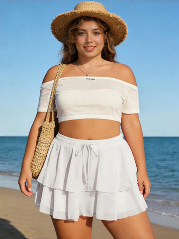 Plus Size High Waist Ruffle Mini Skirt - White