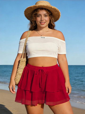 Plus Size High Waist Ruffle Mini Skirt - Wine