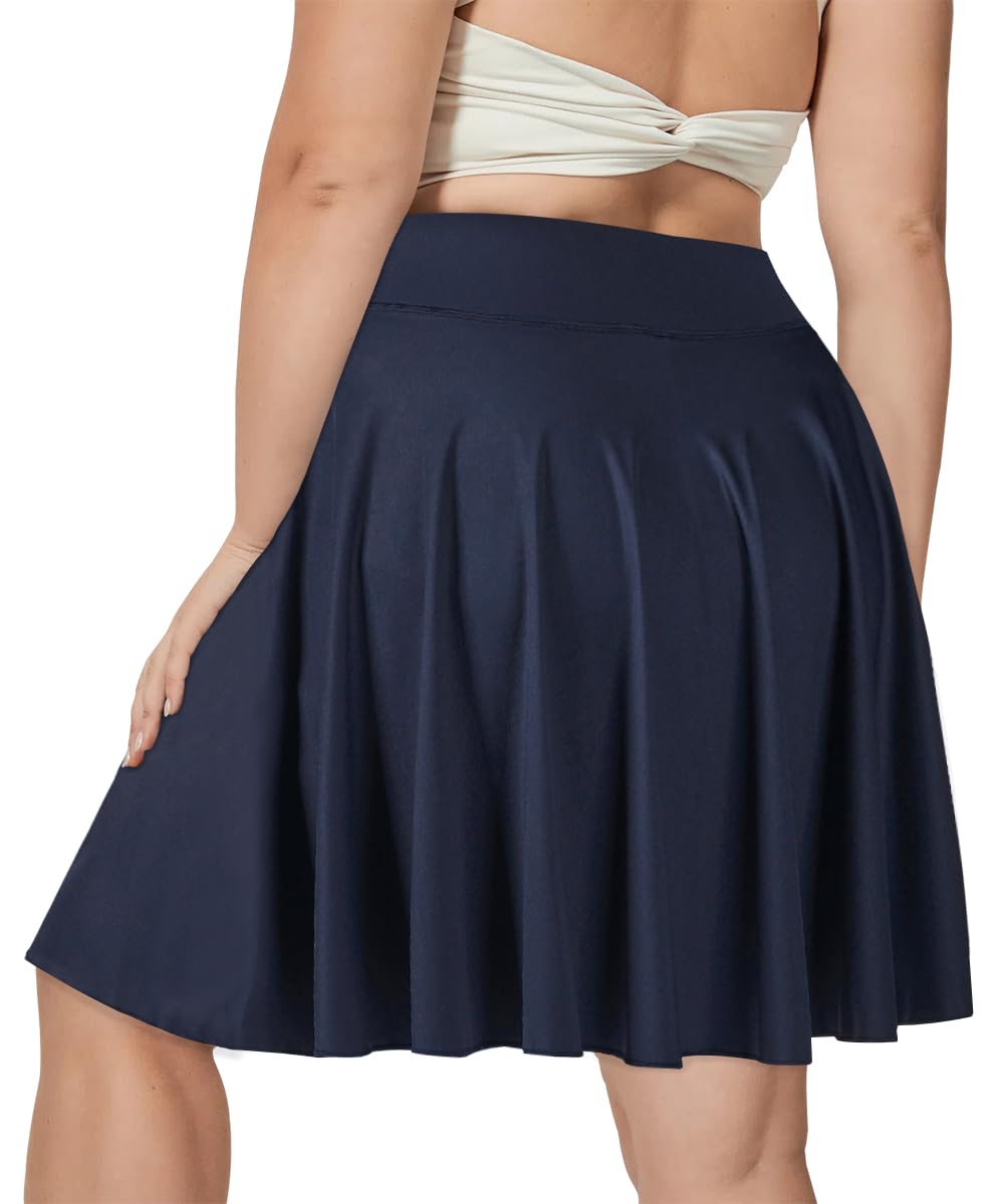 Plus Size Knee Length Skirts High Waisted - Navy Blue-Moon Wood