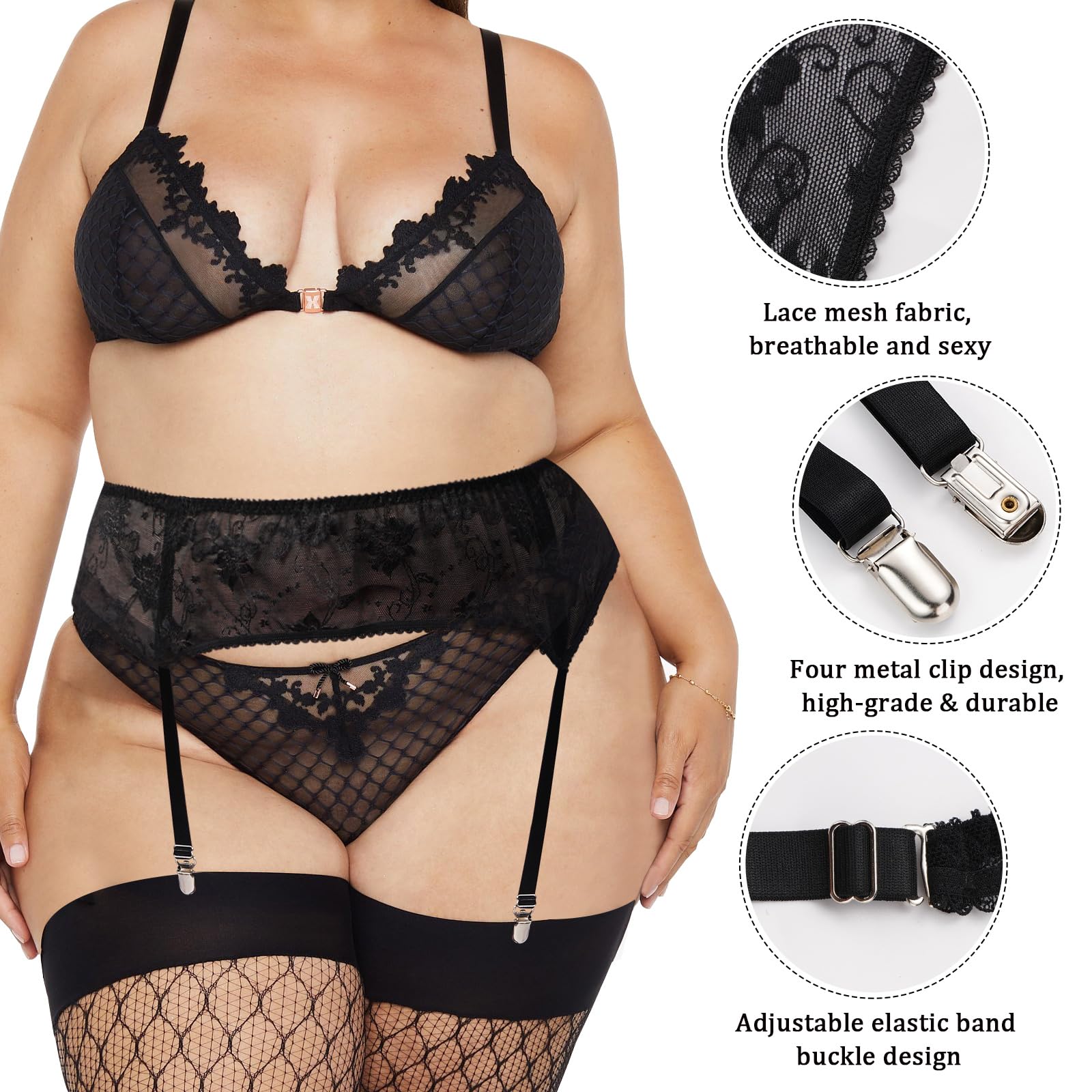 Plus Size Lace Garter Belt with 4 Straps Metal Clips | Moon Wood Plus Size Lace Garter Belt with 4 Straps Metal Clips | Moon Wood