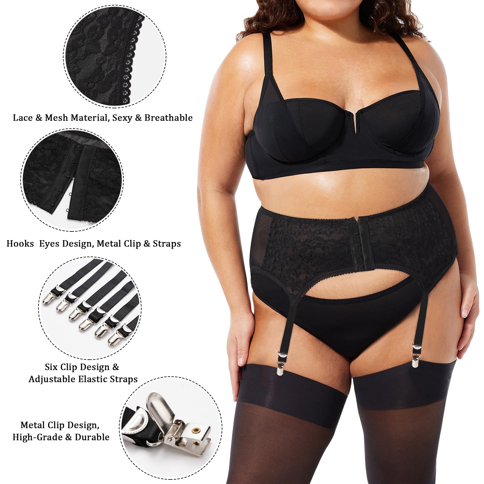 Plus Size Lace Garter Belt with 6 Vintage Metal Clips | Moon Wood Plus Size Lace Garter Belt with 6 Vintage Metal Clips | Moon Wood