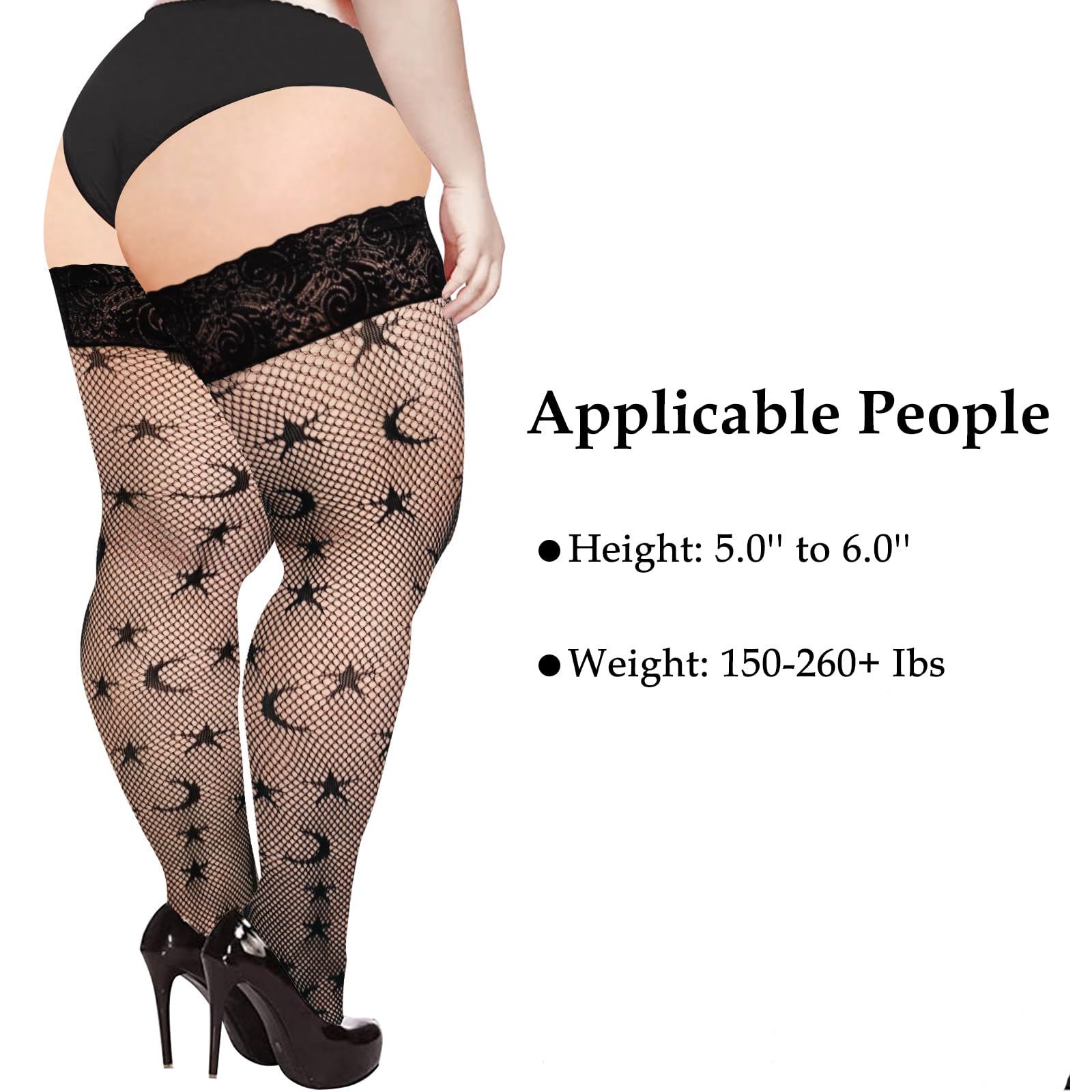 Plus Size Lace Top Fishnet Thigh High Stockings - Black Sky - Moon Wood