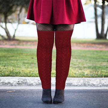 Plus Size Leg Warmers Cable Knitted - Burgundy