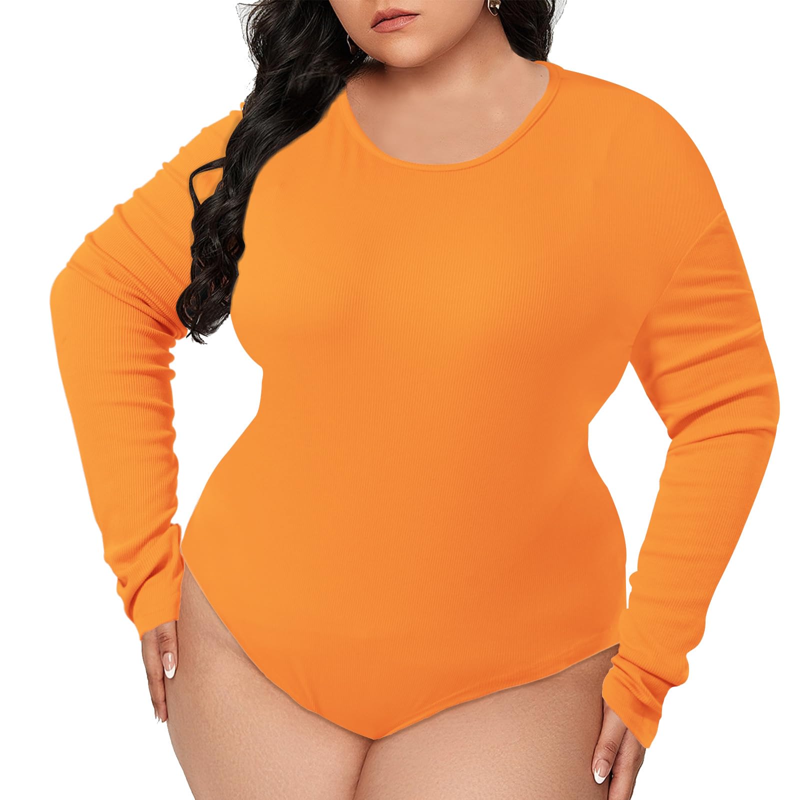 Plus Size Long Sleeve Bodysuit Crew Neck - Orange-Moon Wood