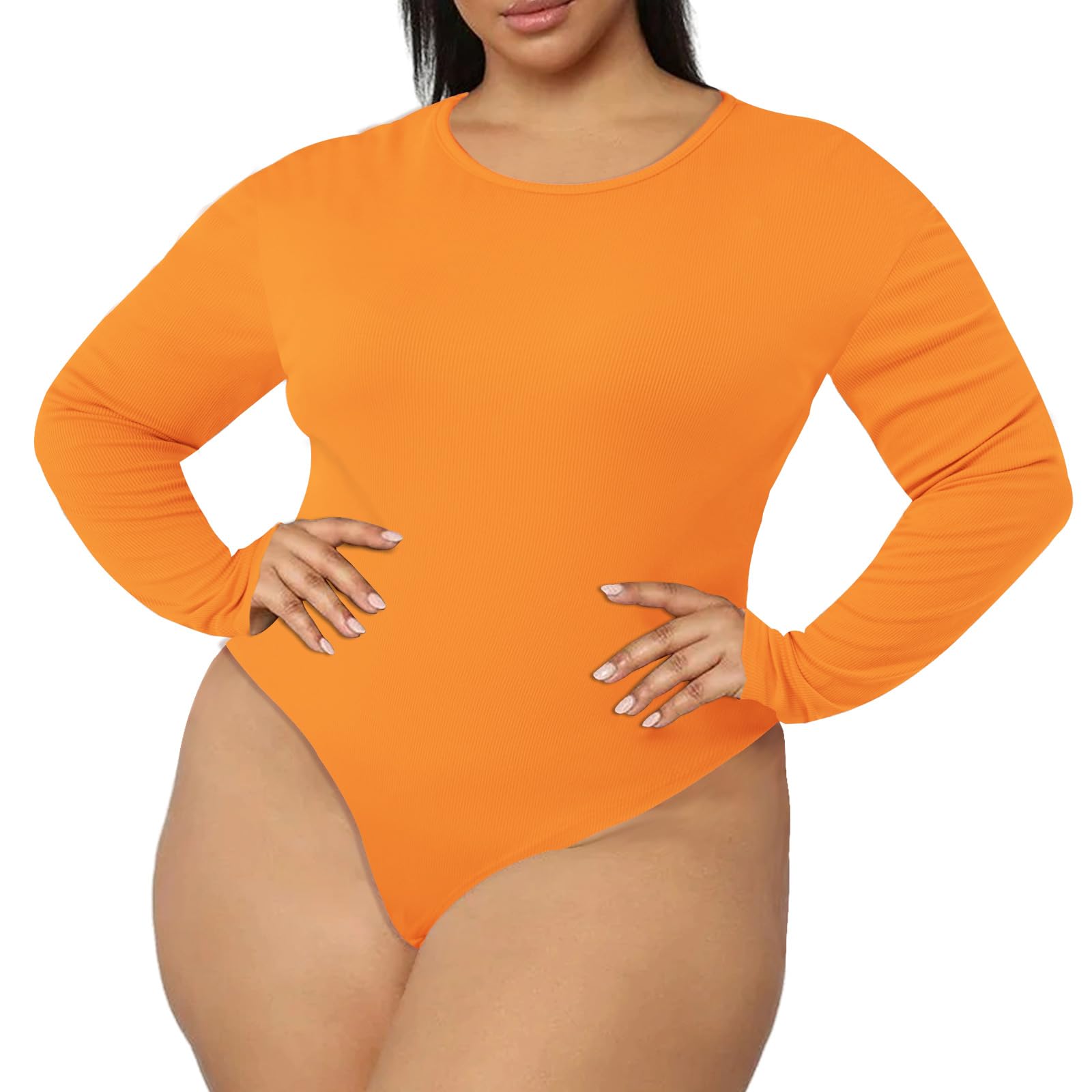 Plus Size Long Sleeve Bodysuit Crew Neck - Orange-Moon Wood