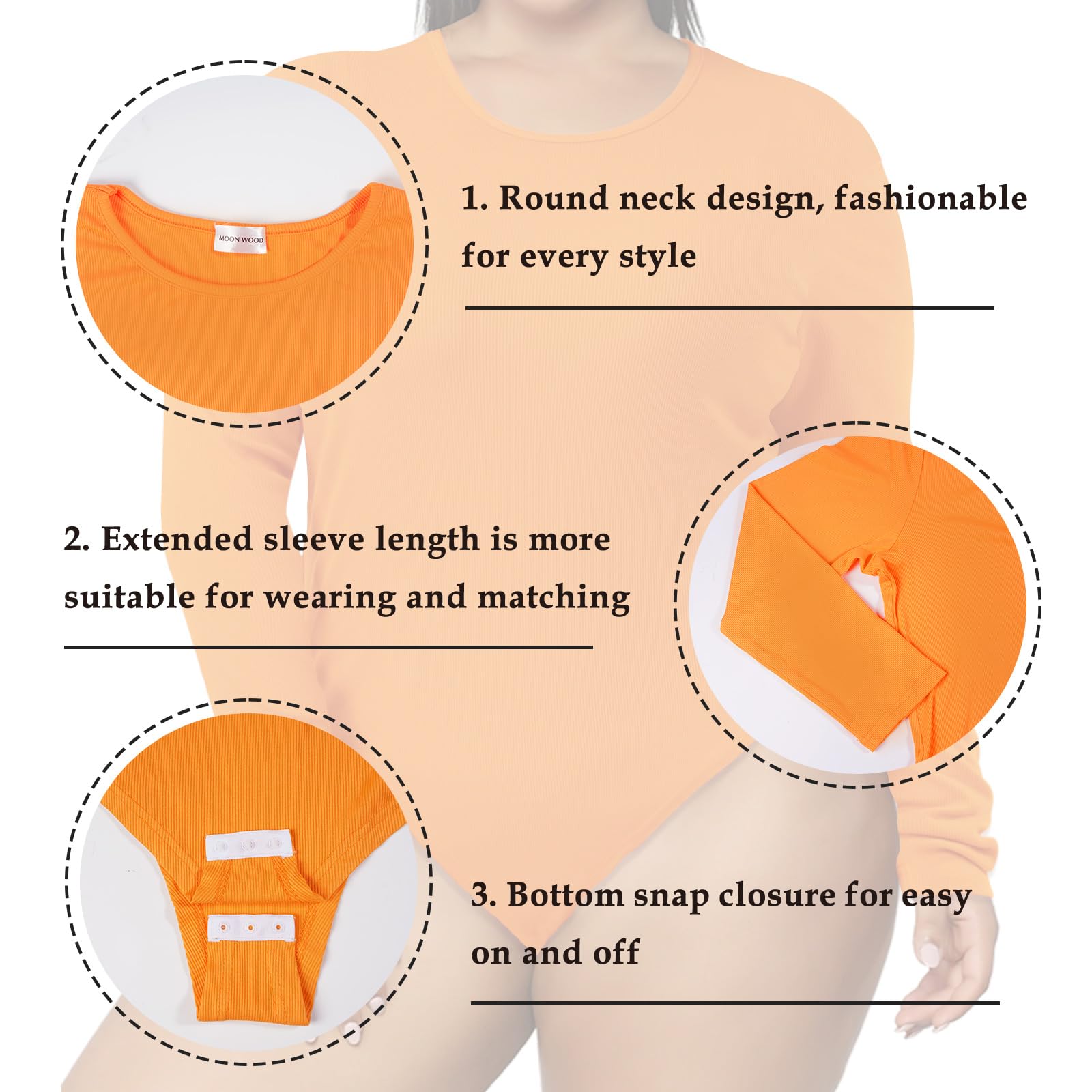 Plus Size Long Sleeve Bodysuit Crew Neck - Orange-Moon Wood