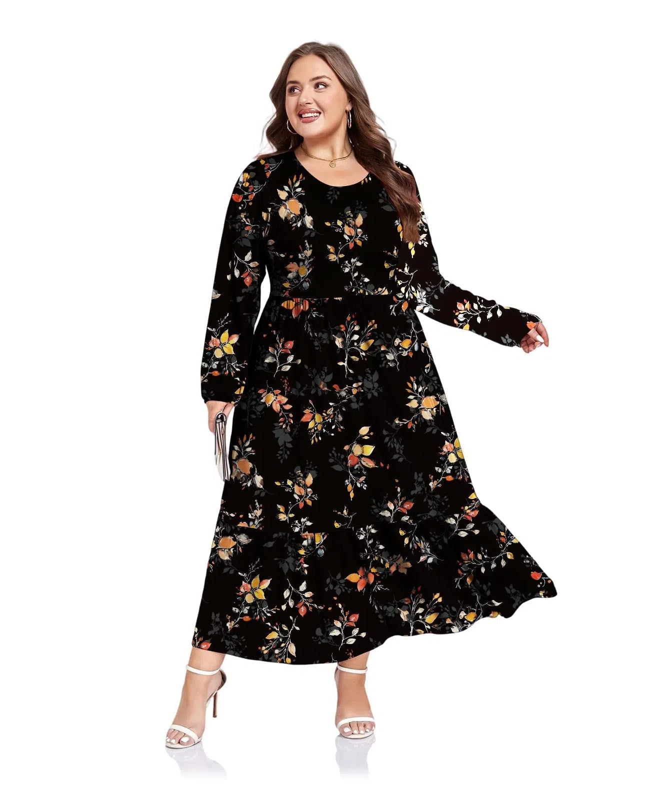 Plus Size Maxi Dress Long Sleeve Crew Neck - Black Floral