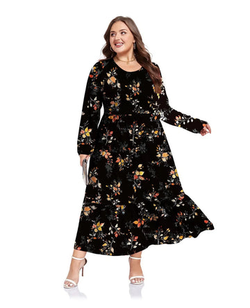 Plus Size Maxi Dress Long Sleeve Crew Neck - Black Floral