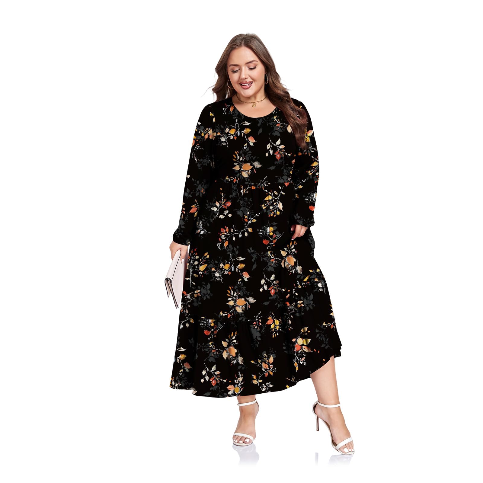 Plus Size Maxi Dress Long Sleeve Crew Neck - Black Floral, 4XL Plus Size Maxi Dress Long Sleeve Crew Neck - Black Floral, 4XL