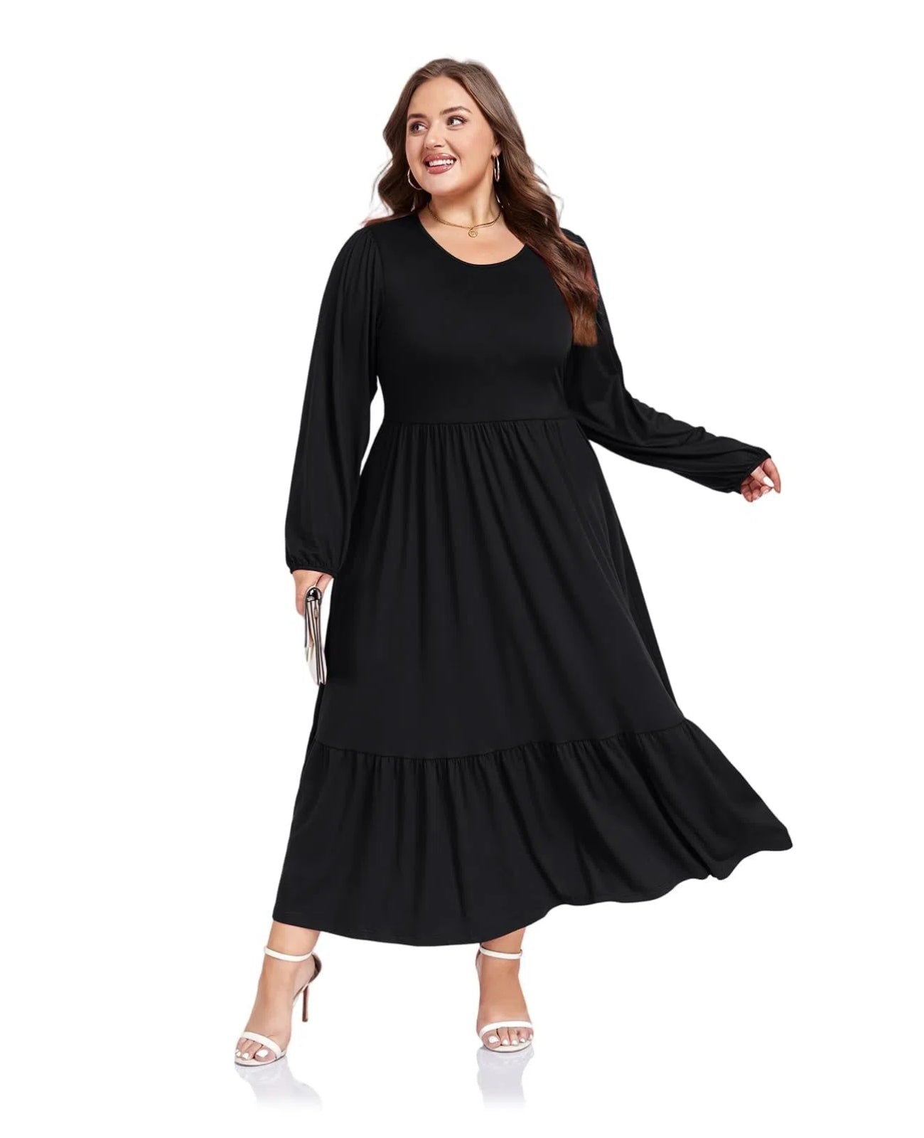 Plus Size Maxi Dress Long Sleeve Crew Neck