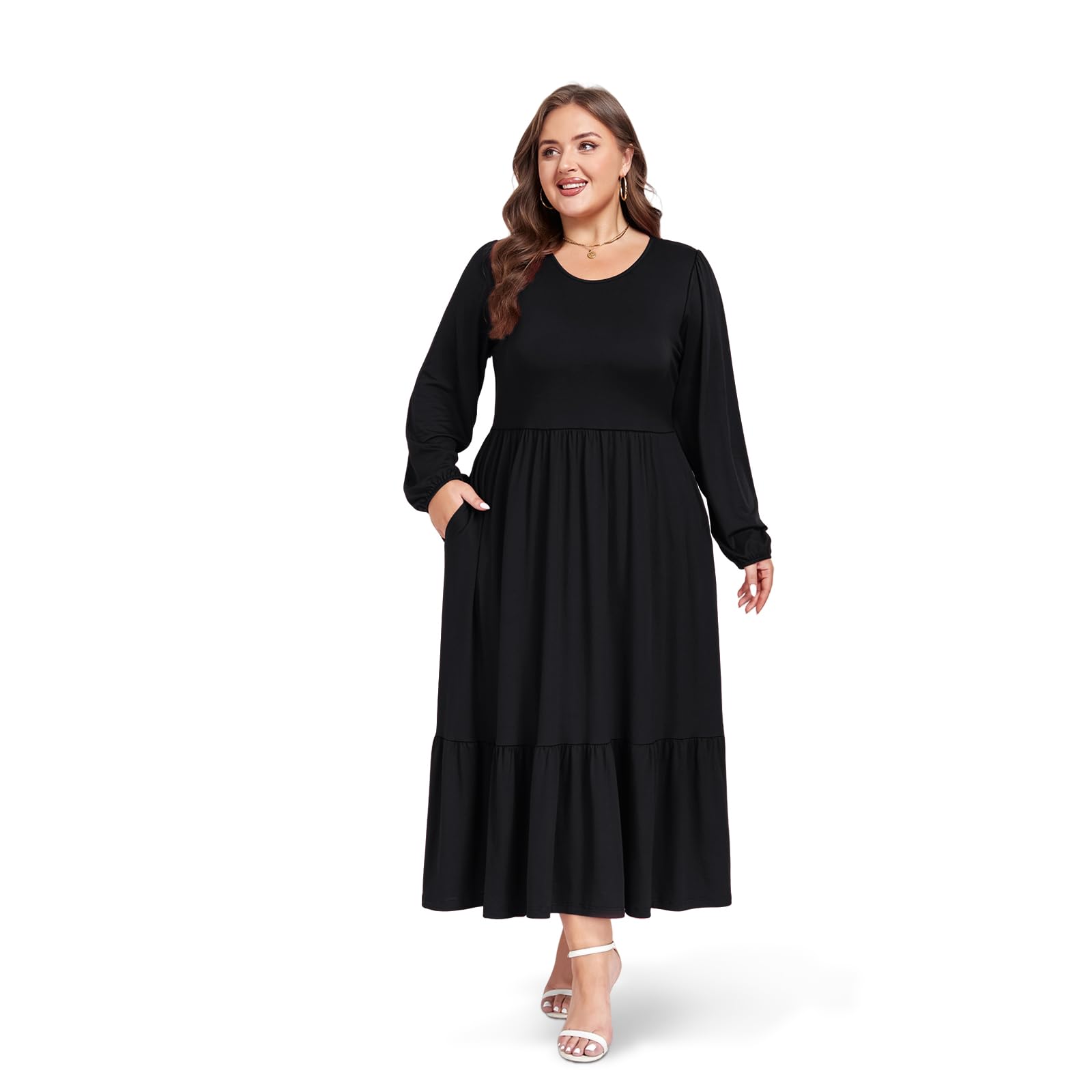 Plus Size Maxi Dress Long Sleeve Crew Neck - Black, 3XL Plus Size Maxi Dress Long Sleeve Crew Neck - Black, 3XL