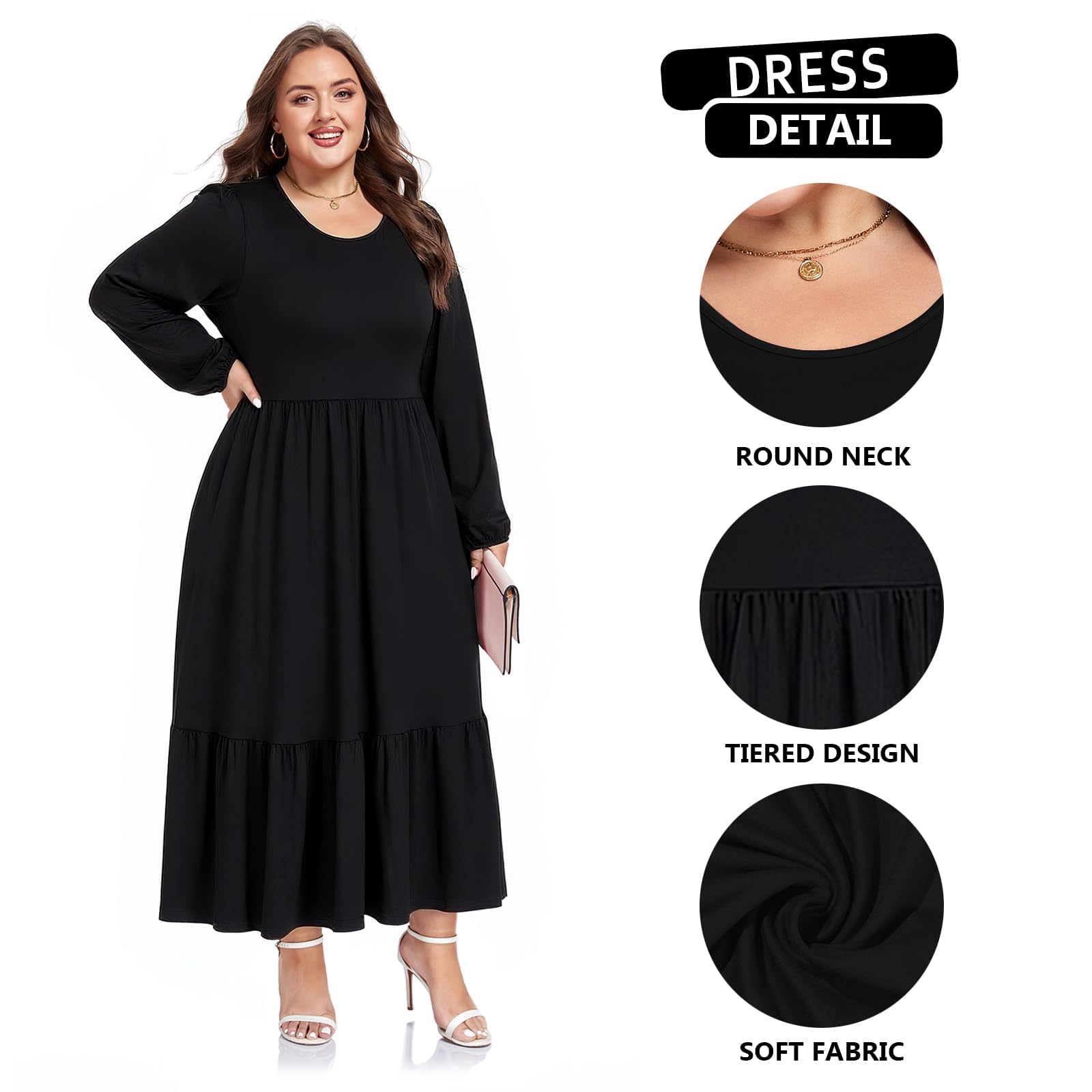 Plus Size Maxi Dress Long Sleeve Crew Neck - Black, 3XL Plus Size Maxi Dress Long Sleeve Crew Neck - Black, 3XL