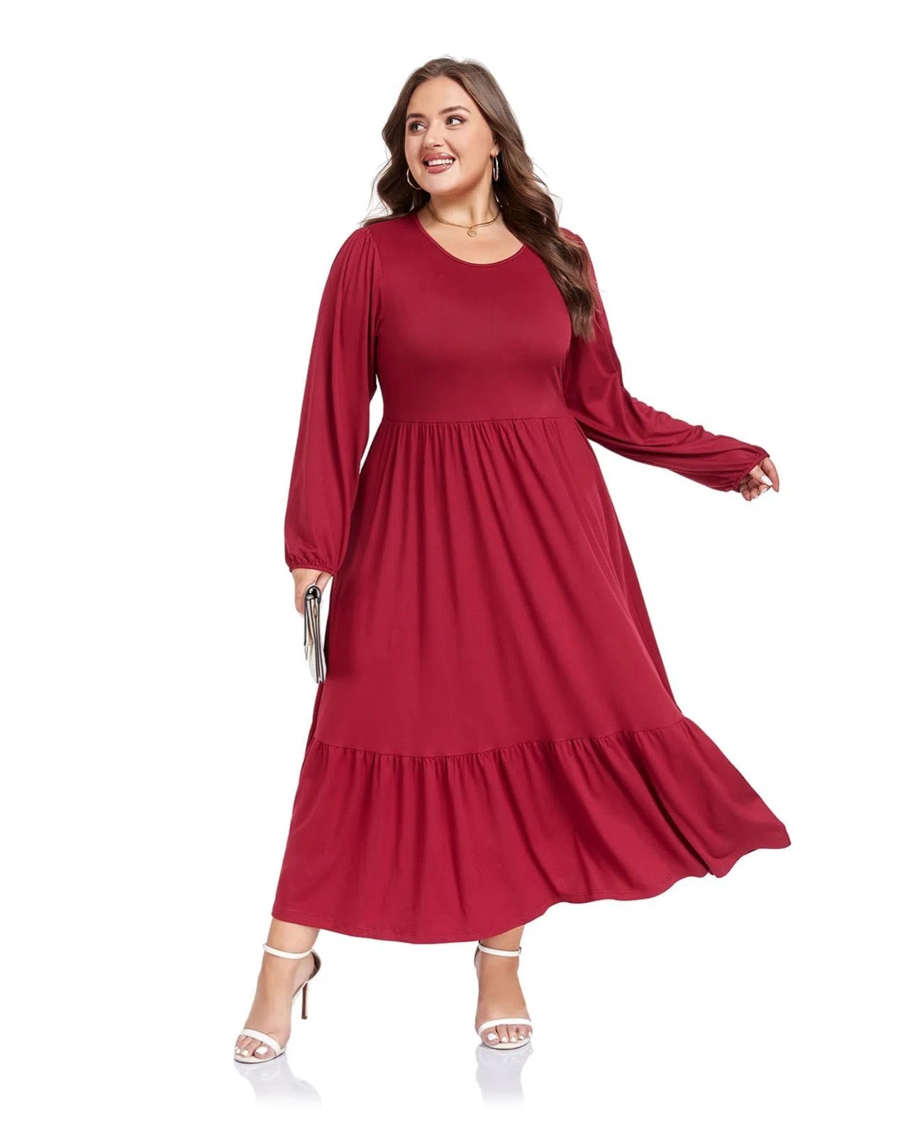 Plus Size Maxi Dress Long Sleeve Crew Neck - Burgundy-Moon Wood