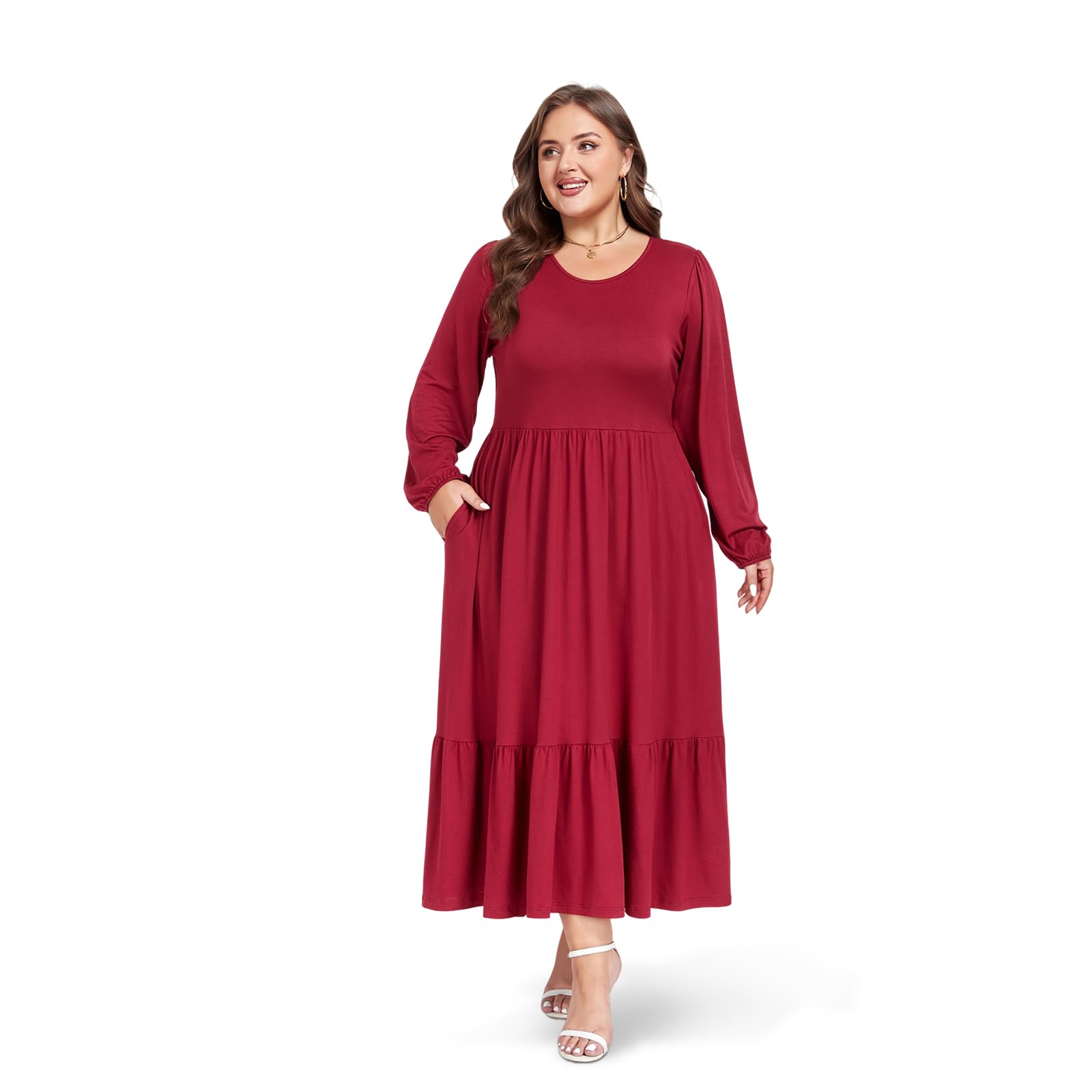 Plus Size Maxi Dress Long Sleeve Crew Neck - Burgundy-Moon Wood