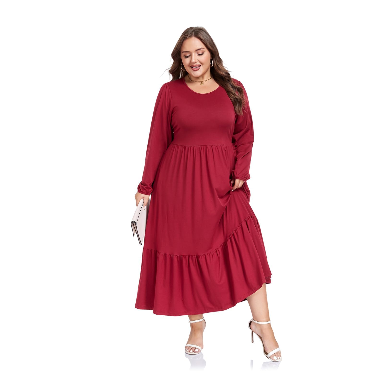 Plus Size Maxi Dress Long Sleeve Crew Neck - Burgundy-Moon Wood