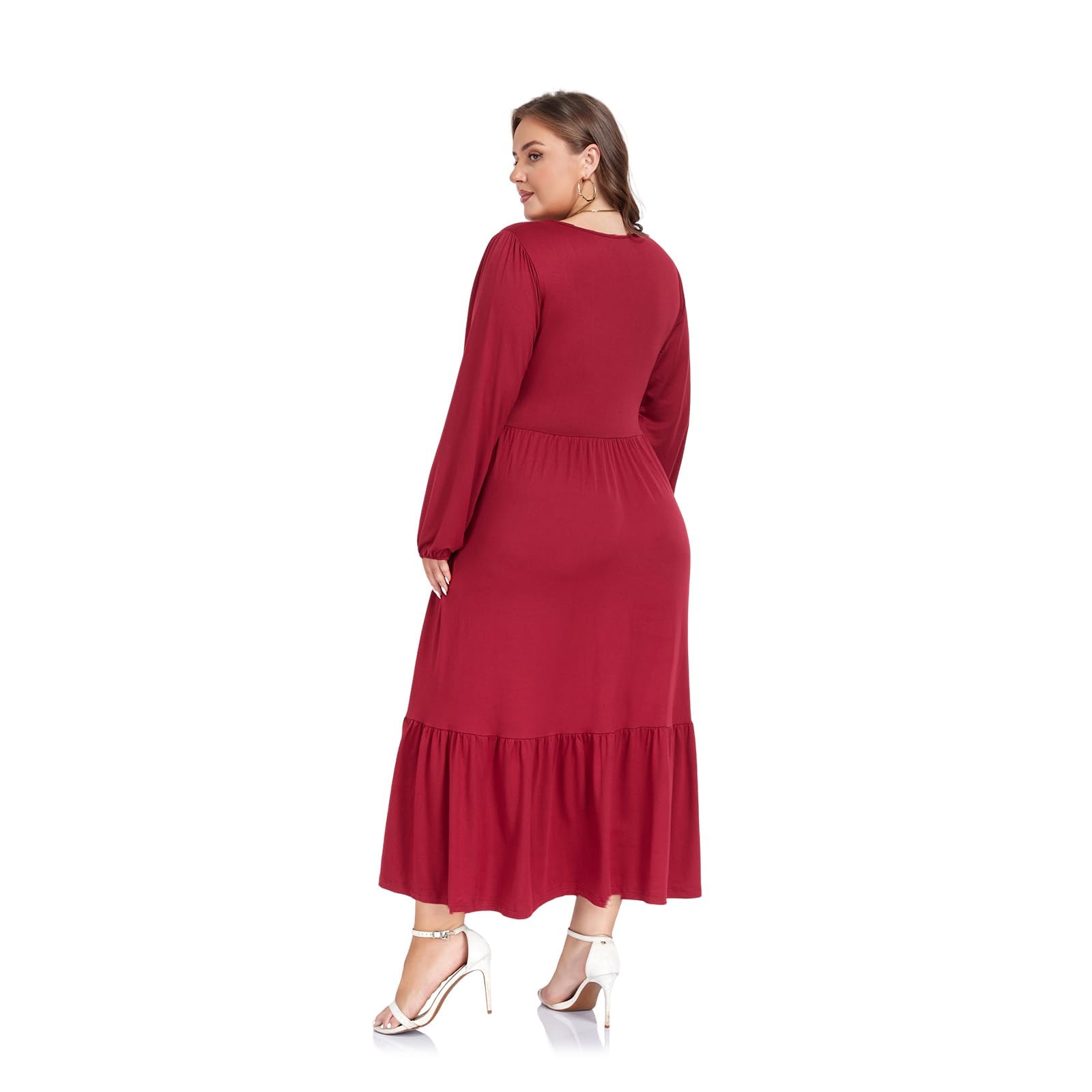 Plus Size Maxi Dress Long Sleeve Crew Neck - Burgundy-Moon Wood
