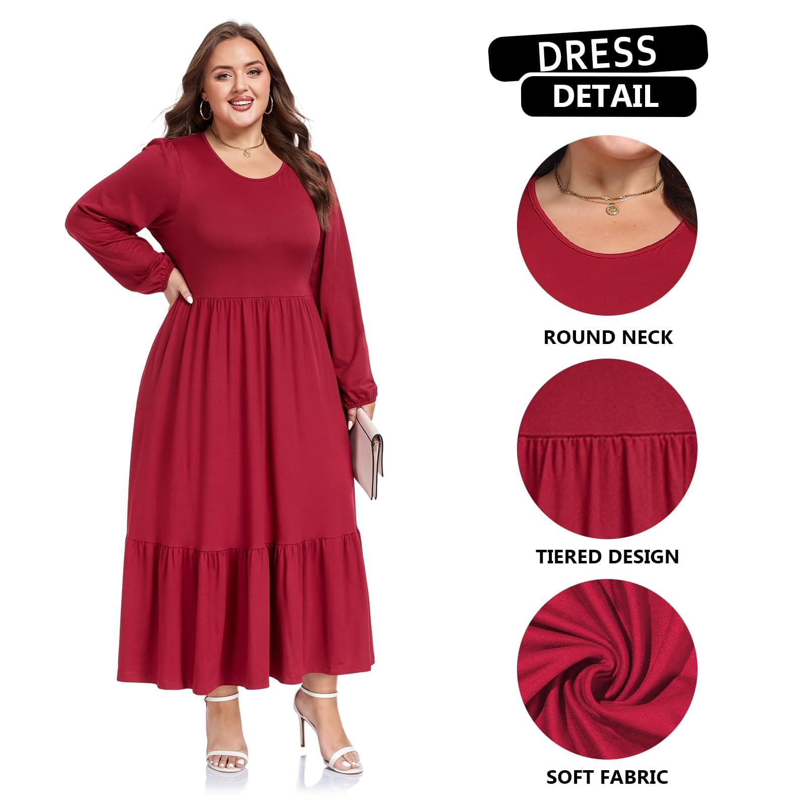 Plus Size Maxi Dress Long Sleeve Crew Neck - Burgundy-Moon Wood