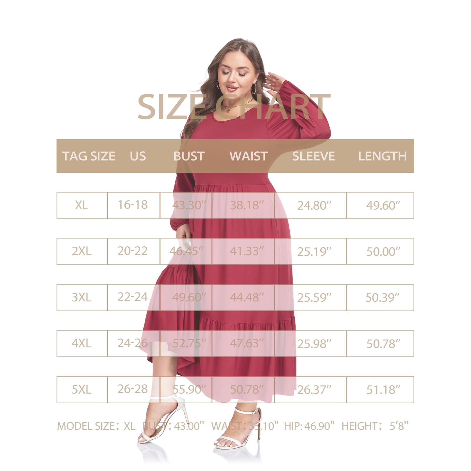 Plus Size Maxi Dress Long Sleeve Crew Neck - Burgundy-Moon Wood