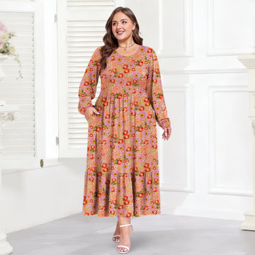 Plus Size Maxi Dress Long Sleeve Crew Neck - Gerbera