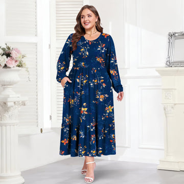 Plus Size Maxi Dress Long Sleeve Crew Neck - Navy Floral