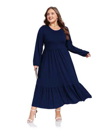 Plus Size Maxi Dress Long Sleeve Crew Neck - Navy