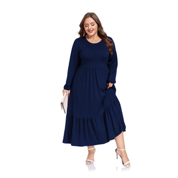 Plus Size Maxi Dress Long Sleeve Crew Neck - Navy