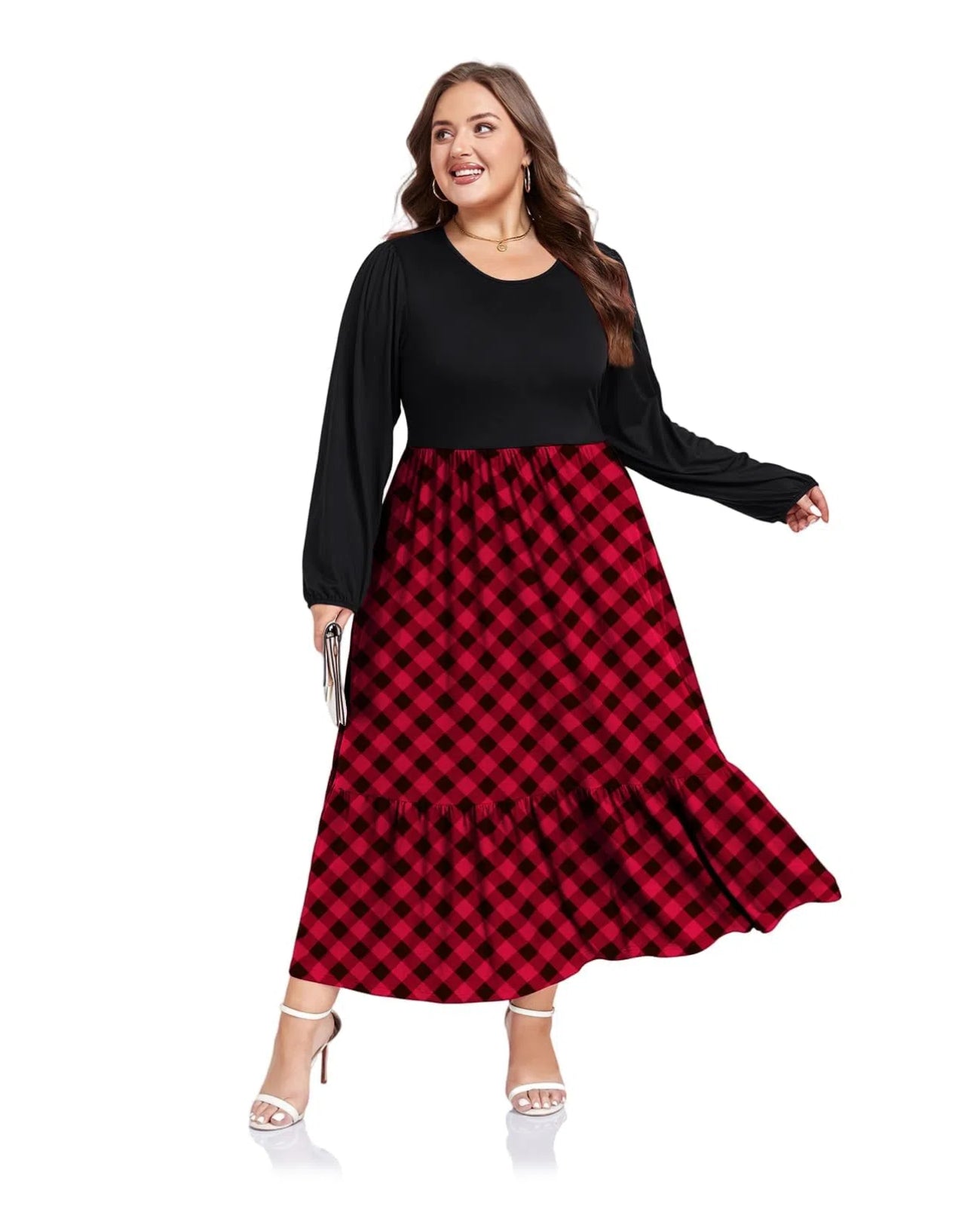 Plus Size Maxi Dress Long Sleeve Crew Neck - Red & Black Plaid-Moon Wood