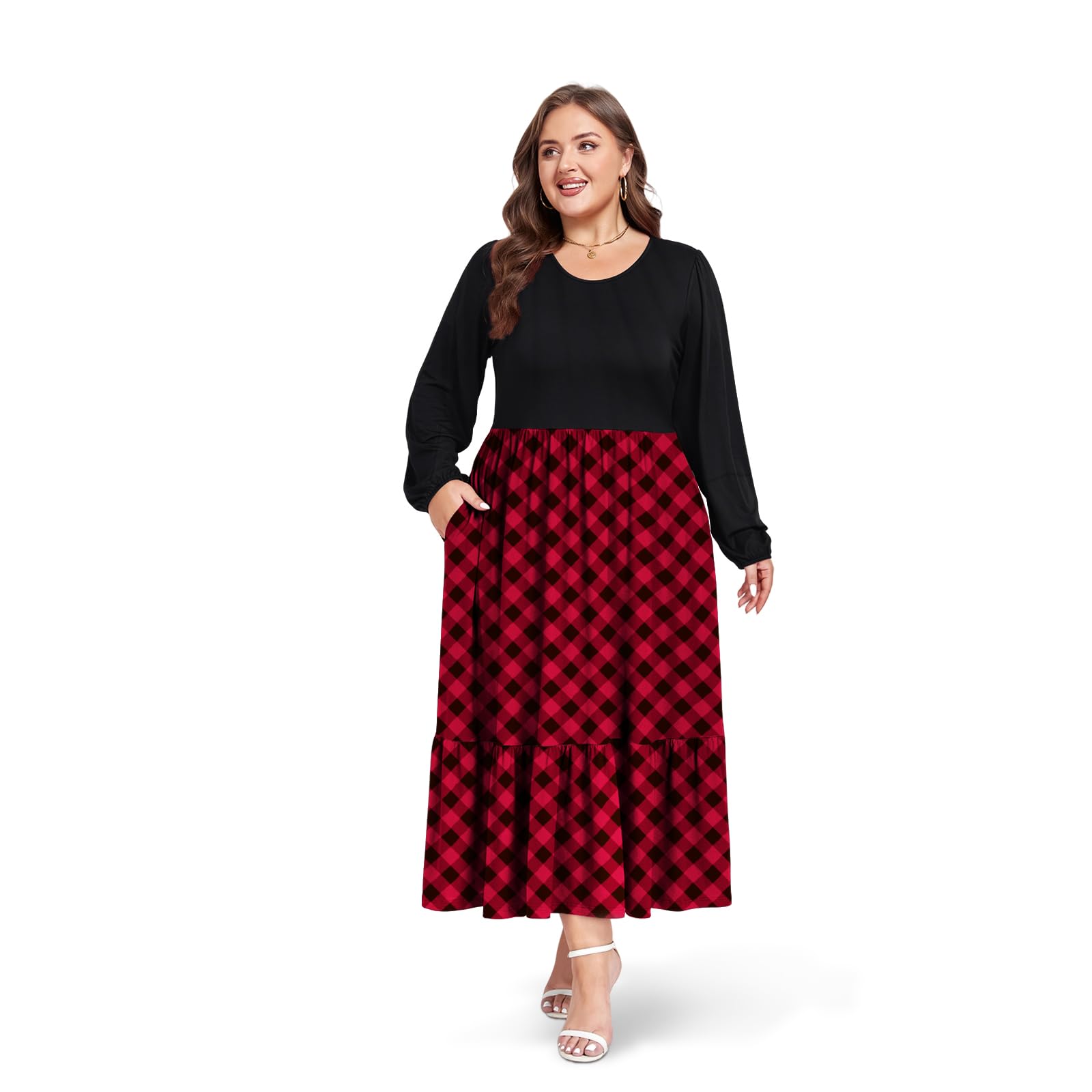 Plus Size Maxi Dress Long Sleeve Crew Neck - Red & Black Plaid, 4XL Plus Size Maxi Dress Long Sleeve Crew Neck - Red & Black Plaid, 4XL
