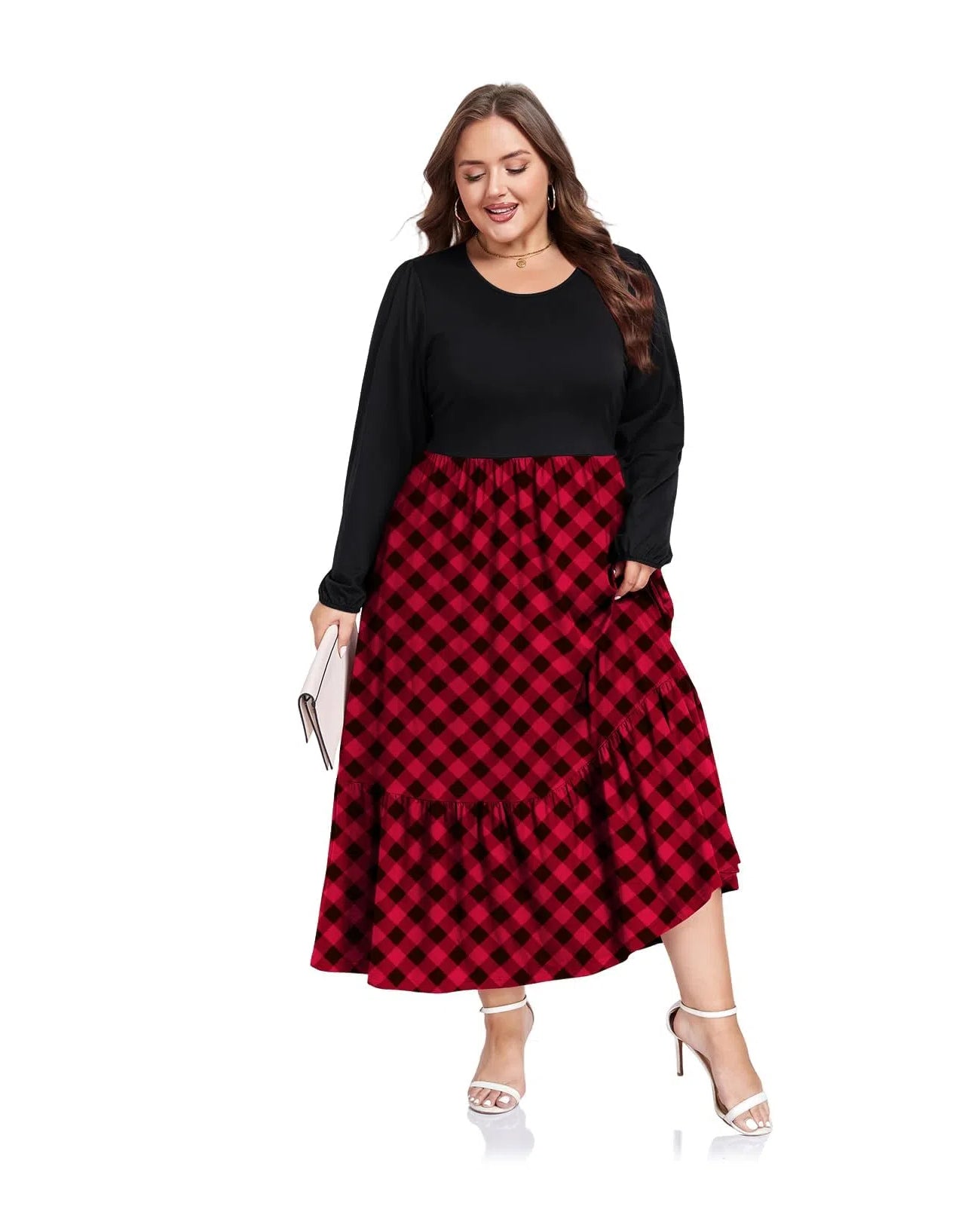 Plus Size Maxi Dress Long Sleeve Crew Neck - Red & Black Plaid-Moon Wood