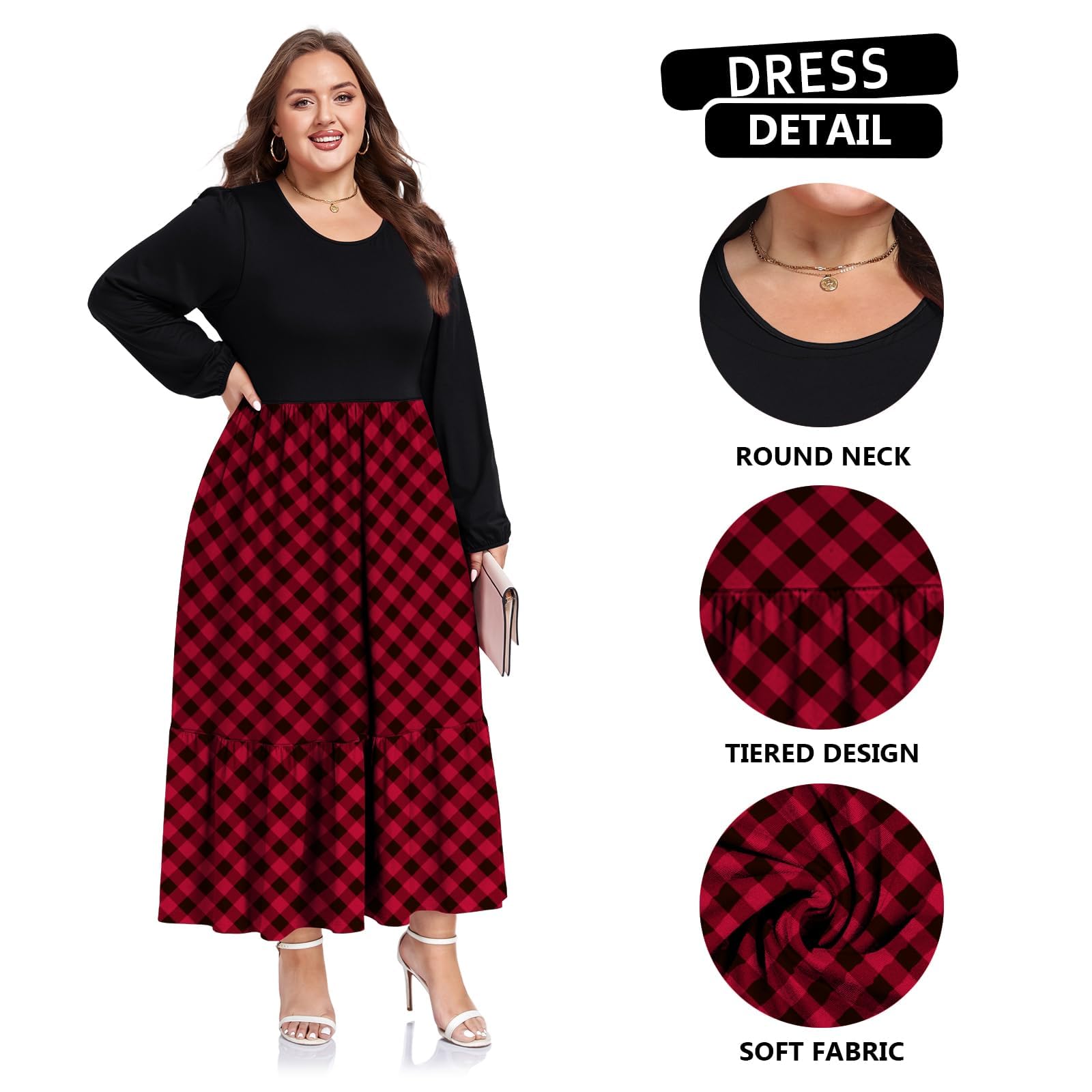 Plus Size Maxi Dress Long Sleeve Crew Neck - Red & Black Plaid-Moon Wood
