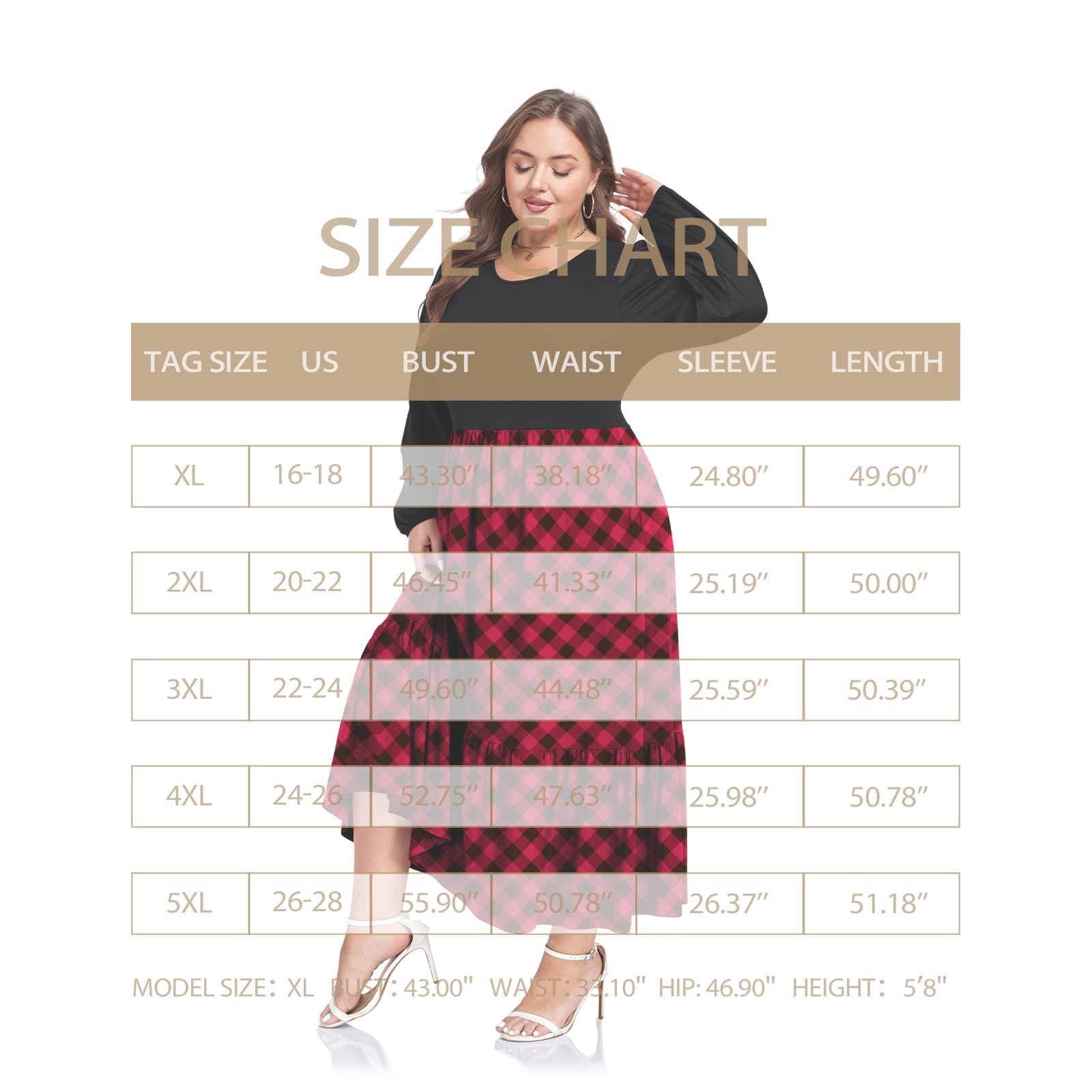 Plus Size Maxi Dress Long Sleeve Crew Neck - Red & Black Plaid-Moon Wood