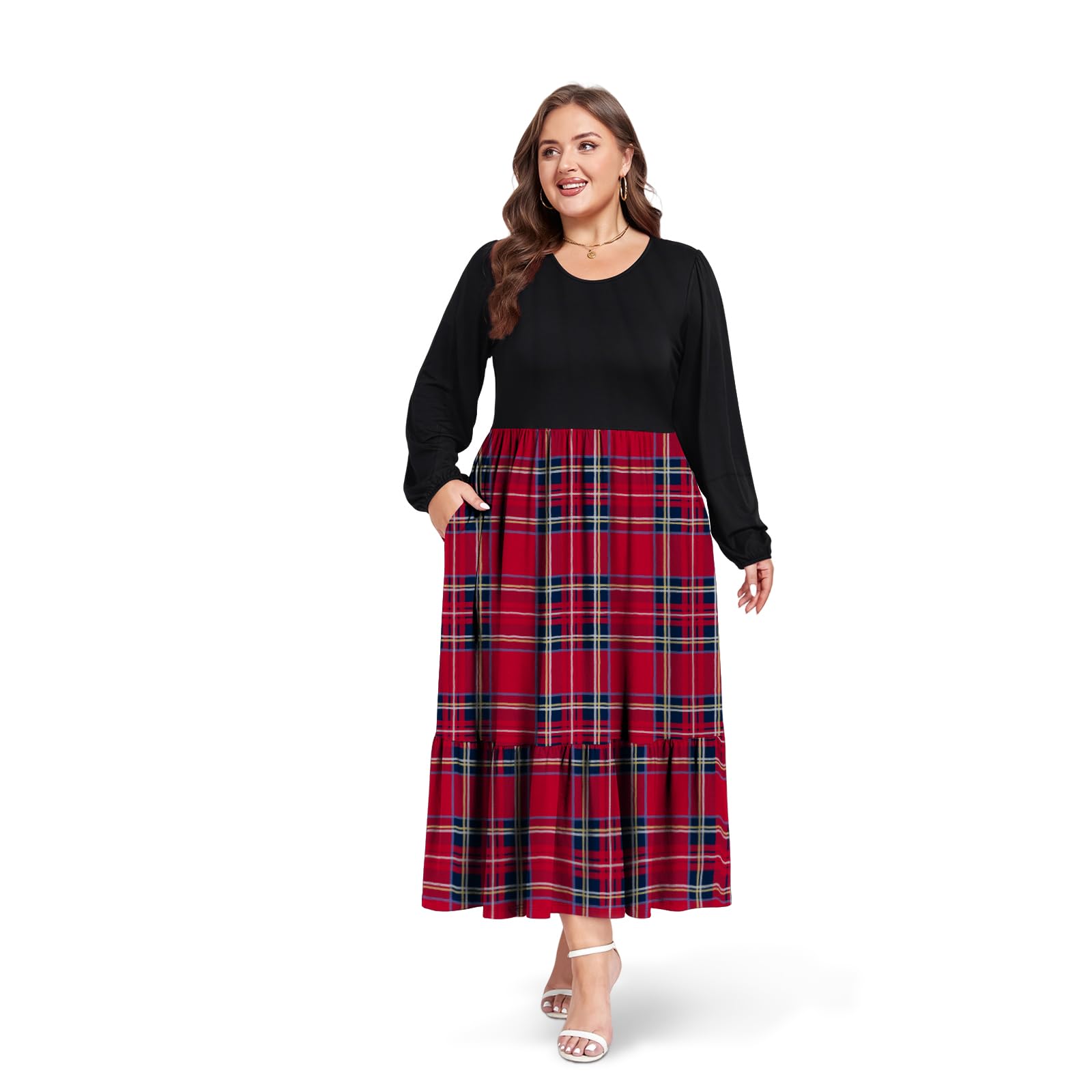 Plus Size Maxi Dress Long Sleeve Crew Neck - Red & Navy Plaid-Moon Wood