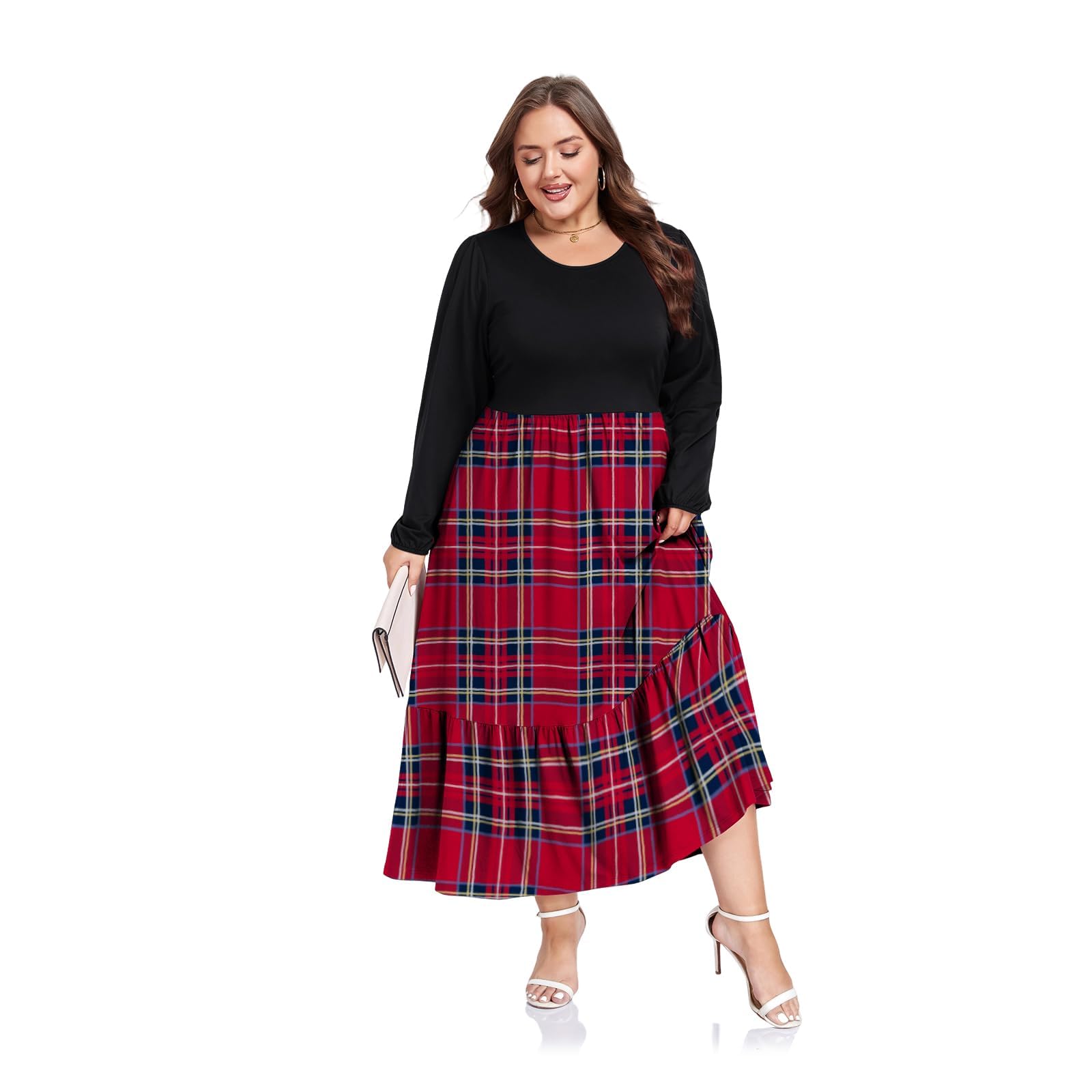 Plus Size Maxi Dress Long Sleeve Crew Neck - Red & Navy Plaid-Moon Wood