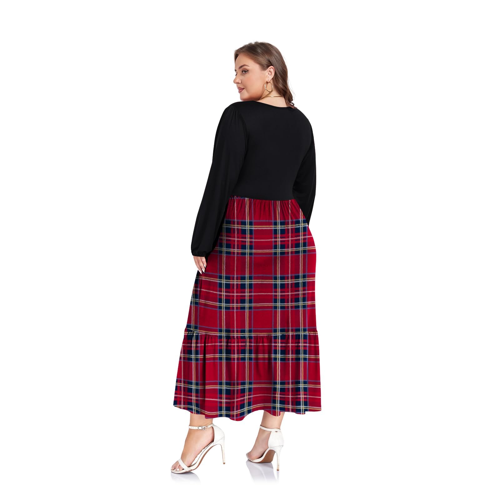 Plus Size Maxi Dress Long Sleeve Crew Neck - Red & Navy Plaid-Moon Wood