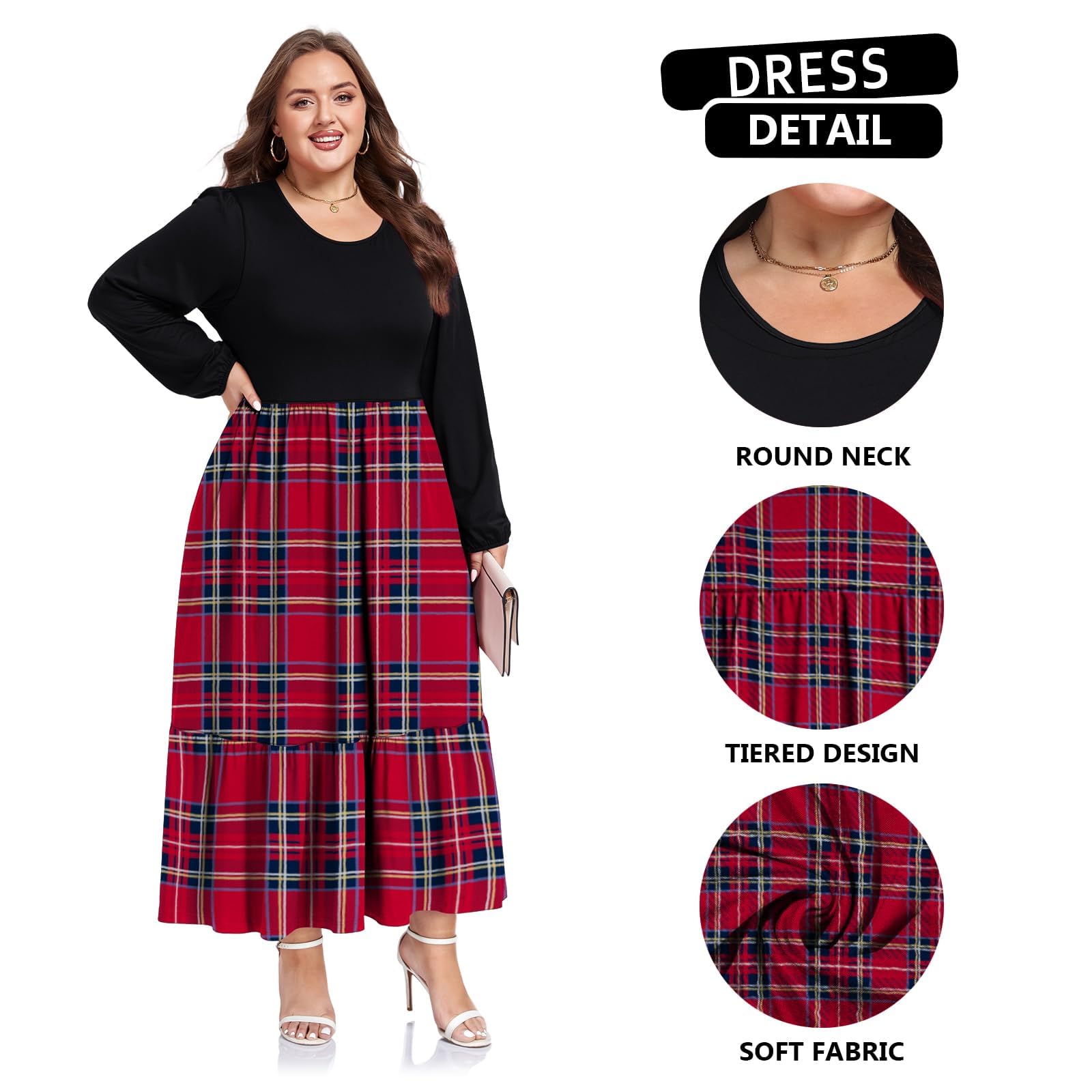 Plus Size Maxi Dress Long Sleeve Crew Neck - Red & Navy Plaid-Moon Wood