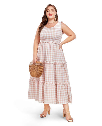 Plus Size Maxi Dress Ruffle Sleeveless-Beige White Plaid