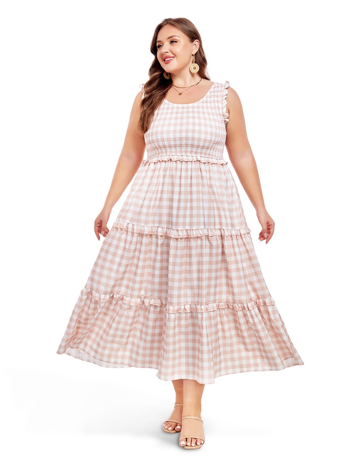 Plus Size Maxi Dress Ruffle Sleeveless-Beige White Plaid, 5XL Plus Size Maxi Dress Ruffle Sleeveless-Beige White Plaid, 5XL