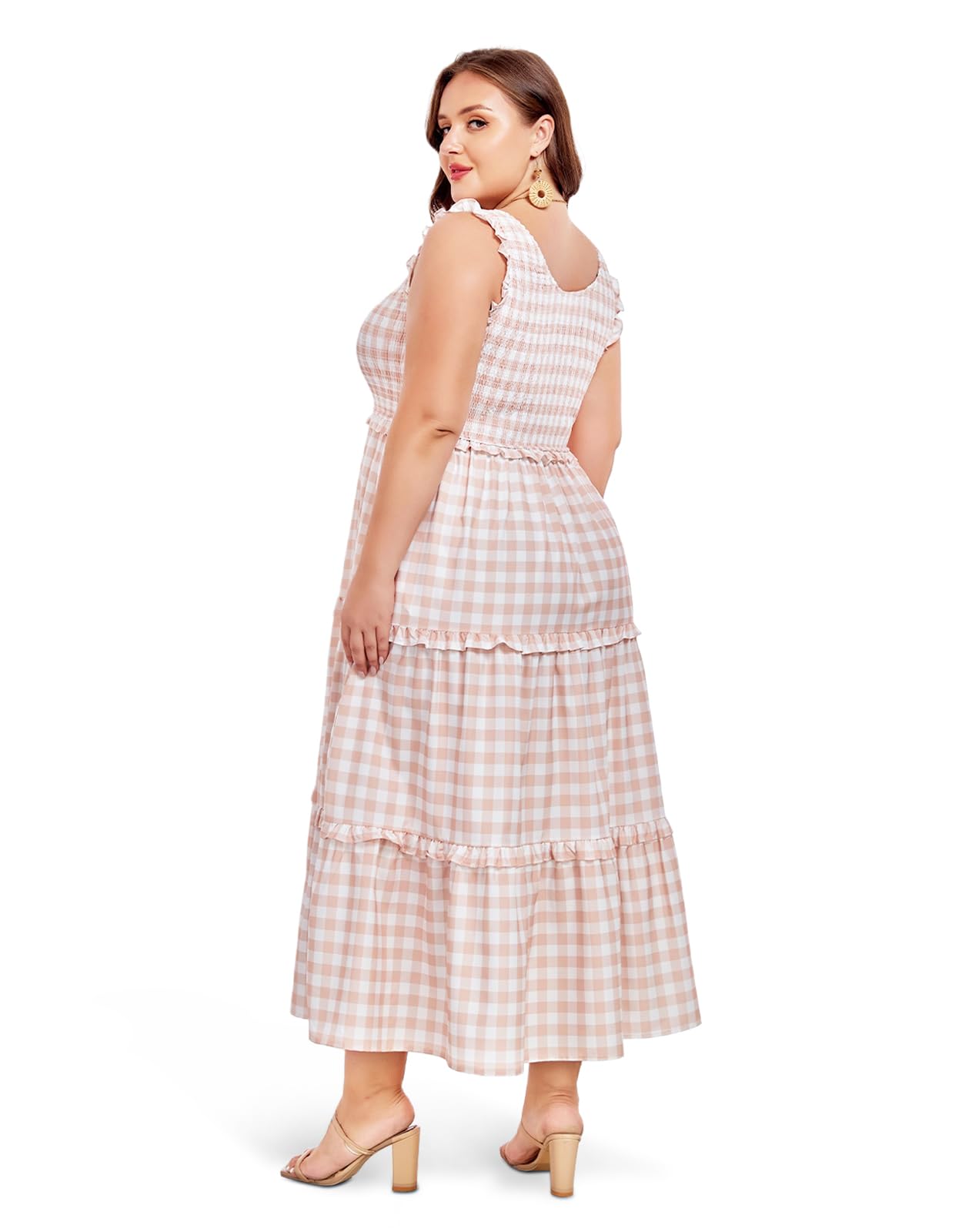 Plus Size Maxi Dress Ruffle Sleeveless-Beige White Plaid, 5XL Plus Size Maxi Dress Ruffle Sleeveless-Beige White Plaid, 5XL