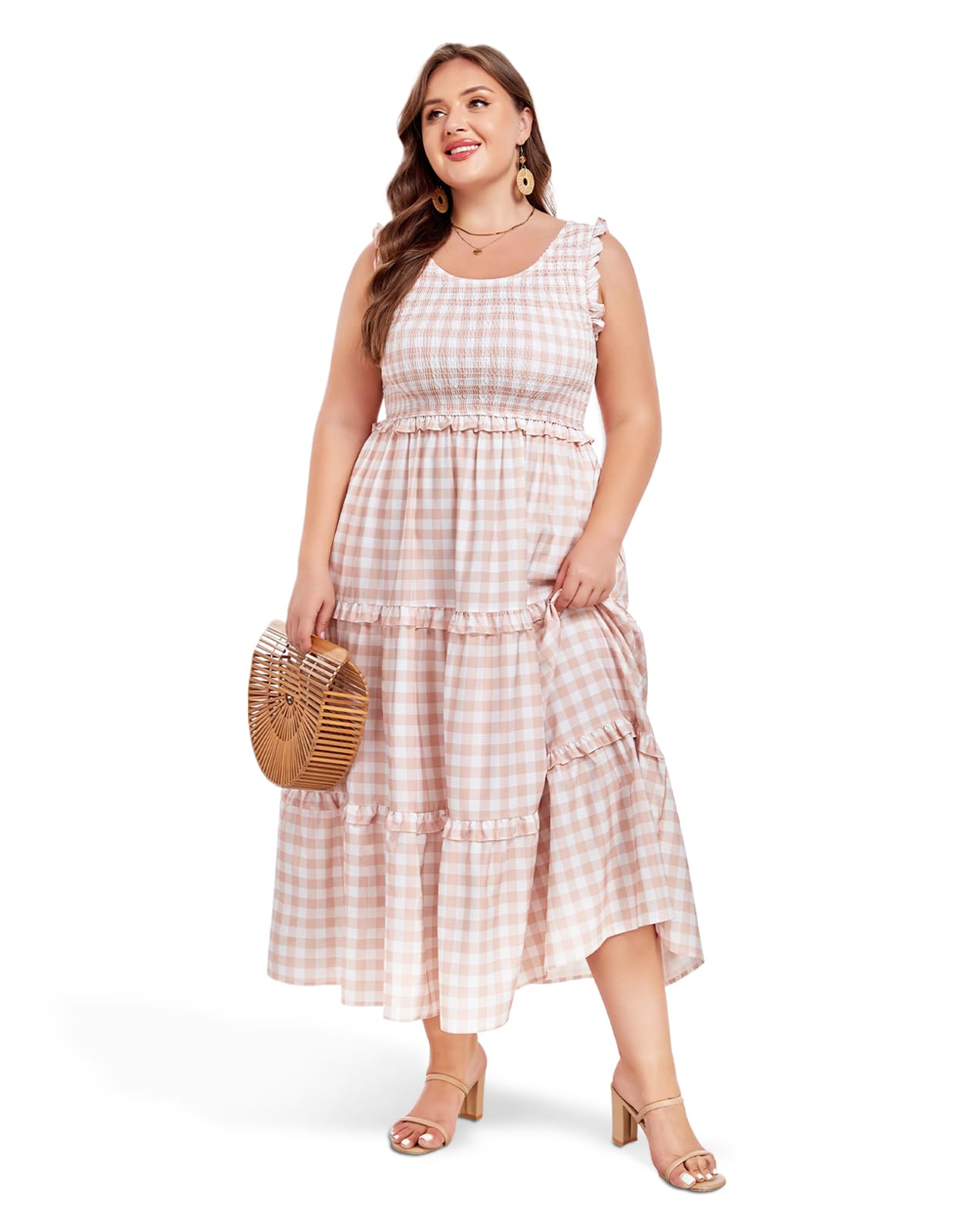 blue dress for baby girl Plus Size Maxi Dress Ruffle Sleeveless-Beige White Plaid, 5XL