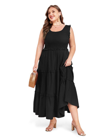 Plus Size Maxi Dress Ruffle Sleeveless-Black, XL Plus Size Maxi Dress Ruffle Sleeveless-Black, XL