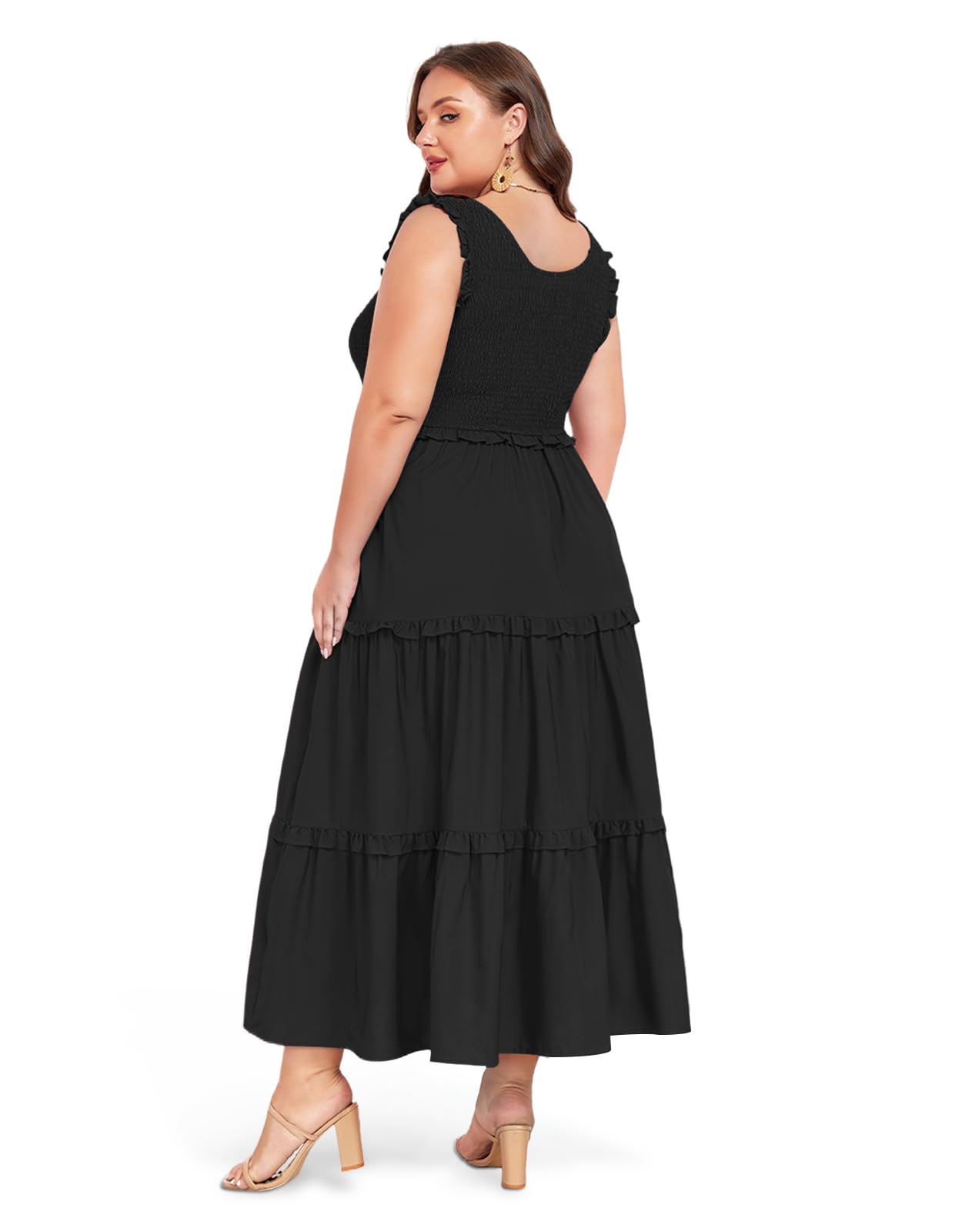 Plus Size Maxi Dress Ruffle Sleeveless-Black | Moon Wood Plus Size Maxi Dress Ruffle Sleeveless-Black | Moon Wood