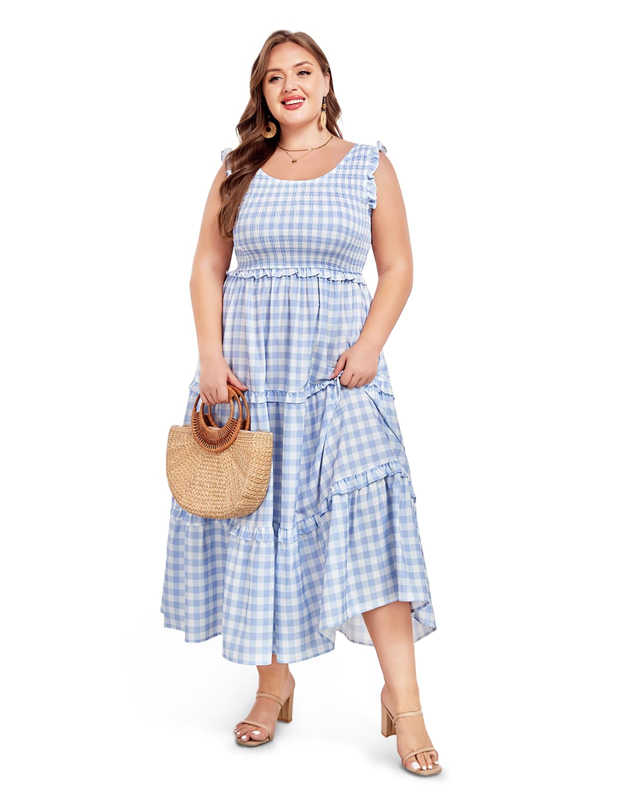 Plus Size Maxi Dress Ruffle Sleeveless-Blue White Plaid, 3XL Plus Size Maxi Dress Ruffle Sleeveless-Blue White Plaid, 3XL