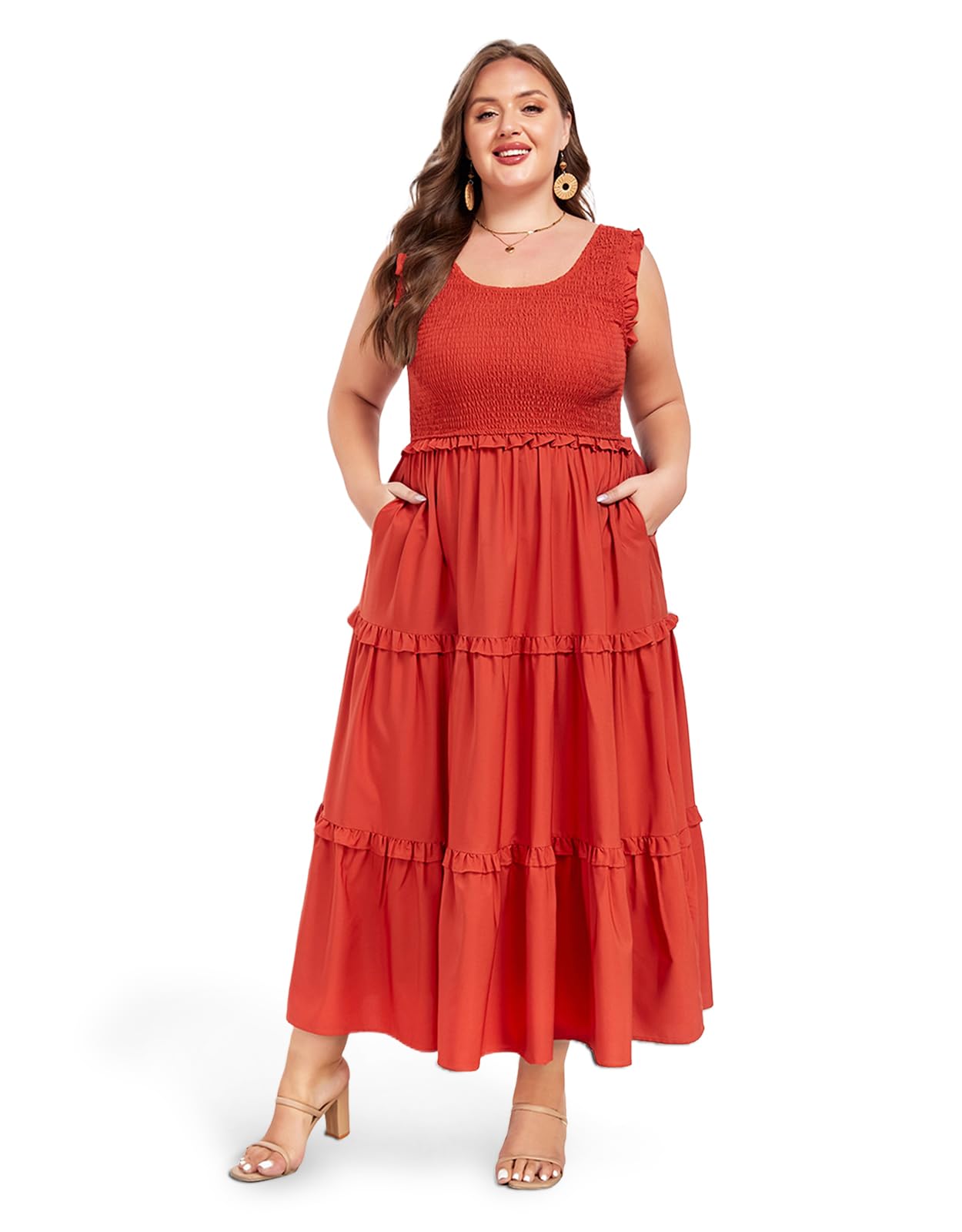 Plus Size Maxi Dress Ruffle Sleeveless-Blue White Plaid | Moon Wood Plus Size Maxi Dress Ruffle Sleeveless-Blue White Plaid | Moon Wood