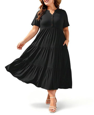 Black plus size maxi dress with V-neck, short sleeves, and tiered skirt