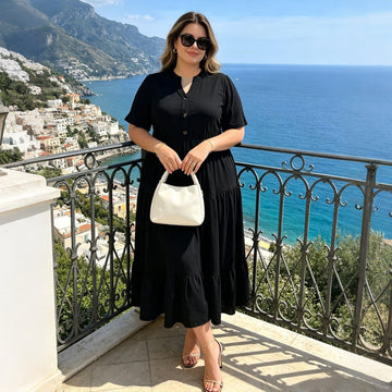 Black plus size maxi dress, V-neck with button placket and tiered skirt