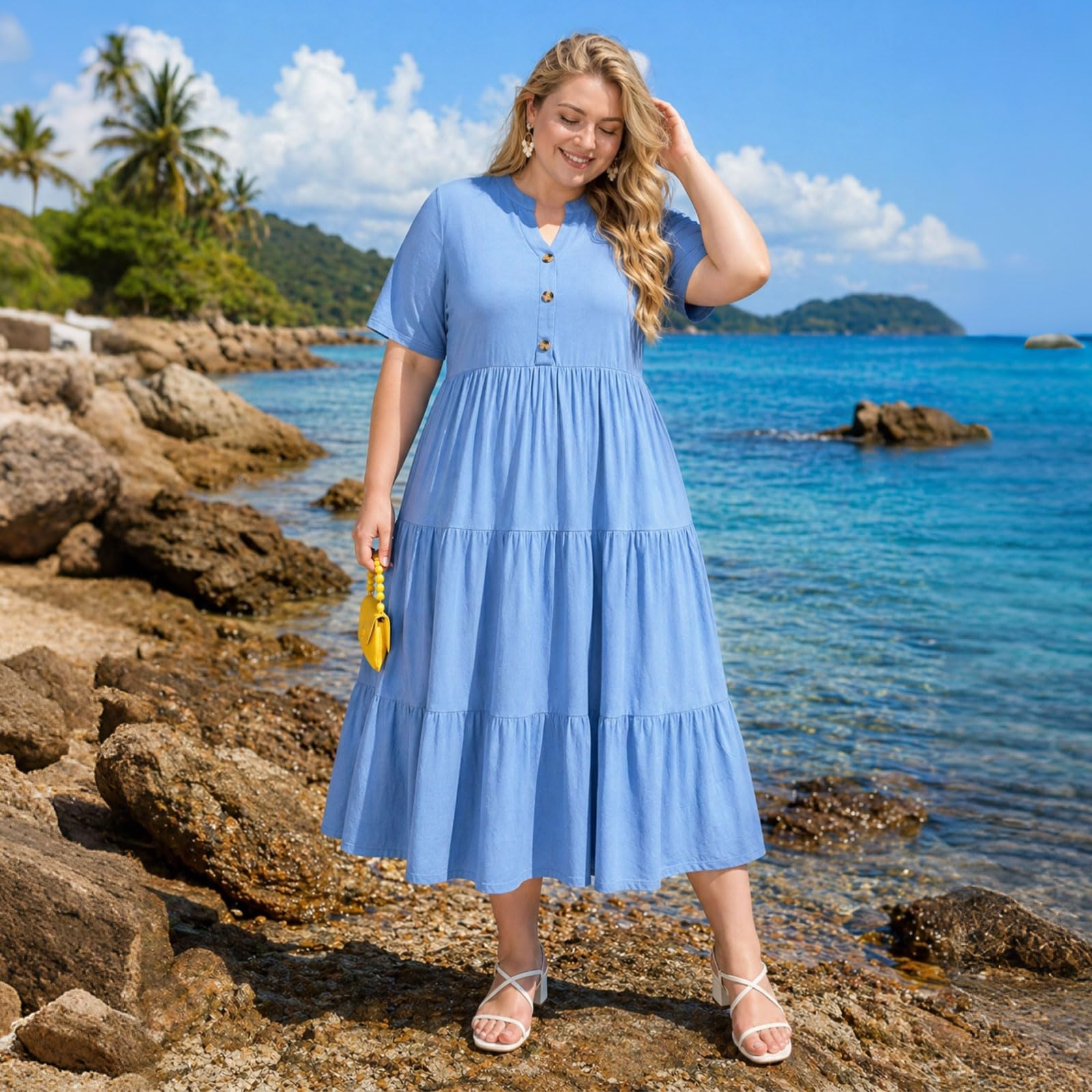 Plus Size Maxi Dress V Neck Short Sleeve - Grey Blue